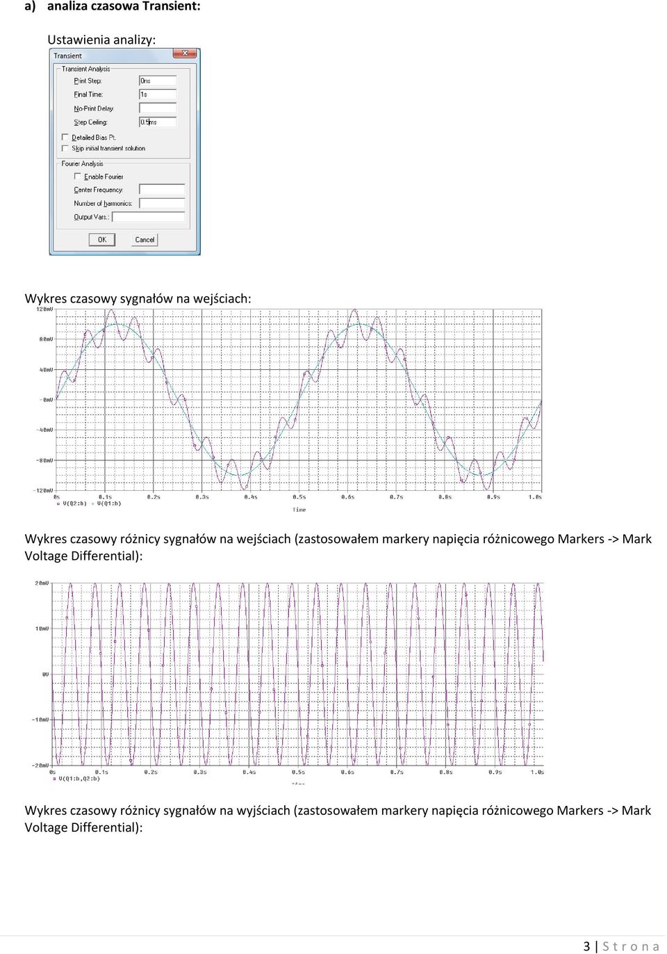 Markers -> Mark Voltage Differential): Wykres czasowy różnicy sygnałów na wyjściach
