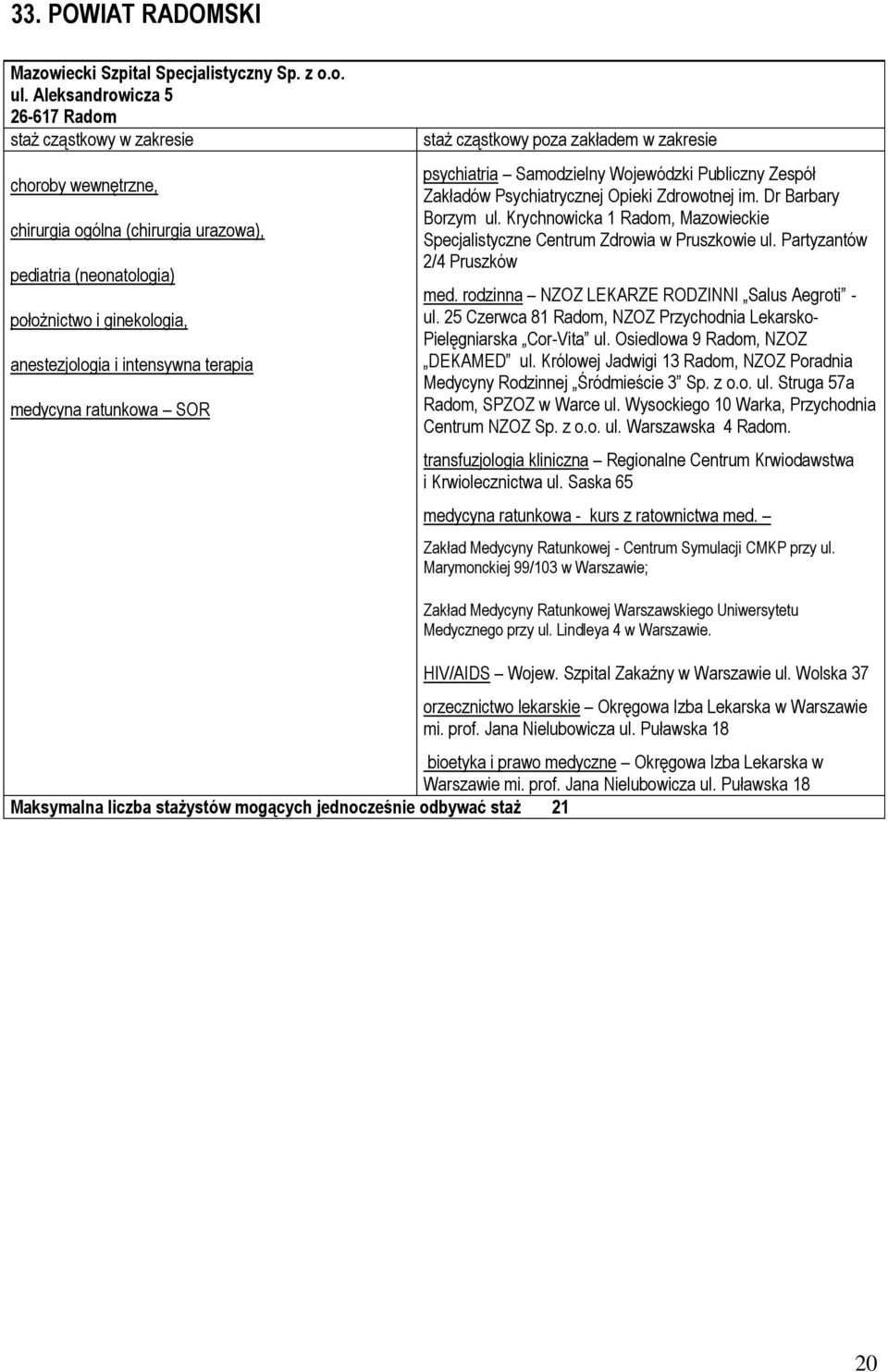 Dr Barbary Borzym ul. Krychnowicka 1 Radom, Mazowieckie Specjalistyczne Centrum Zdrowia w Pruszkowie ul. Partyzantów 2/4 Pruszków med. rodzinna NZOZ LEKARZE RODZINNI Salus Aegroti - ul.