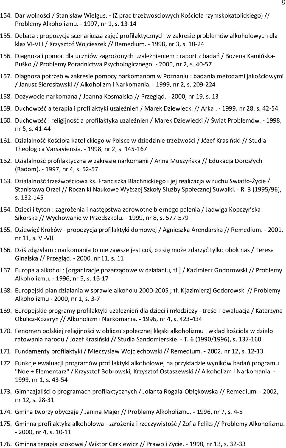 Diagnoza i pomoc dla uczniów zagrożonych uzależnieniem : raport z badań / Bożena Kamińska- Buśko // Problemy Poradnictwa Psychologicznego. - 2000, nr 2, s. 40-57 157.