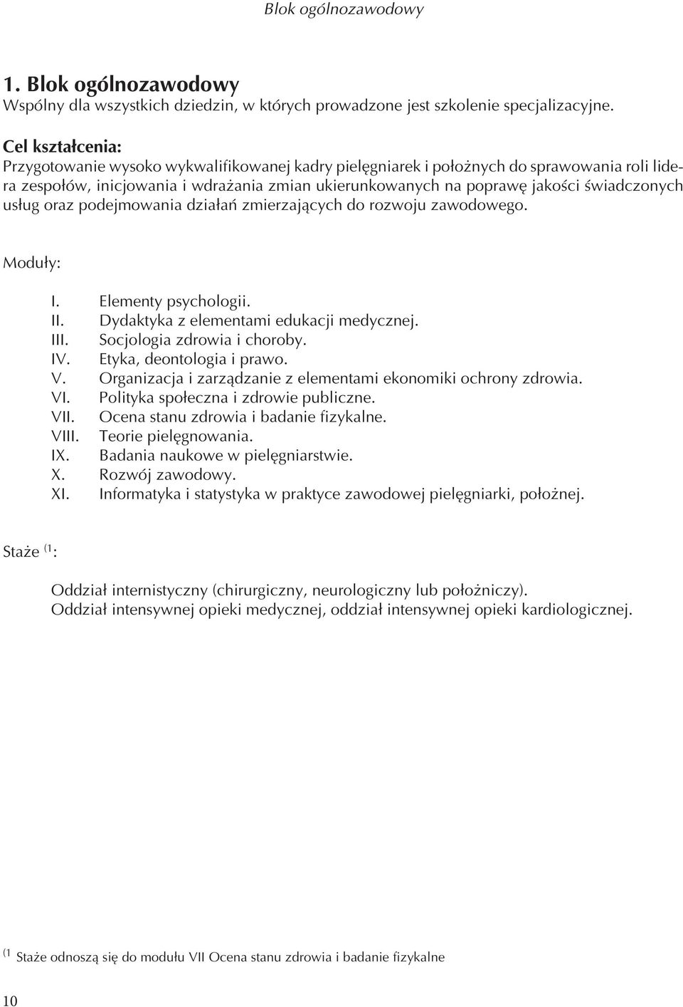 świadczonych usług oraz podejmowania działań zmierzających do rozwoju zawodowego. Moduły: I. Elementy psychologii. II. Dydaktyka z elementami edukacji medycznej. III. Socjologia zdrowia i choroby. IV.