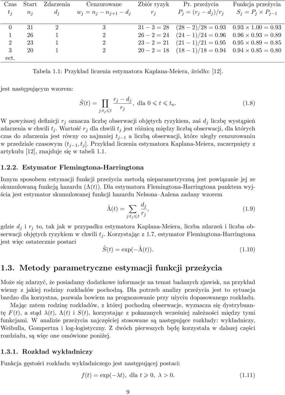 1: Przykład liczenia estymatora Kaplana-Meiera, źródło: [12]. jest następującym wzorem: Ŝ(t) = j:t j t r j d j r j, dla 0 t t n. (1.