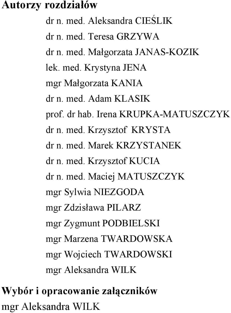 med. Maciej MATUSZCZYK mgr Sylwia NIEZGODA mgr Zdzisława PILARZ mgr Zygmunt PODBIELSKI mgr Marzena TWARDOWSKA mgr Wojciech