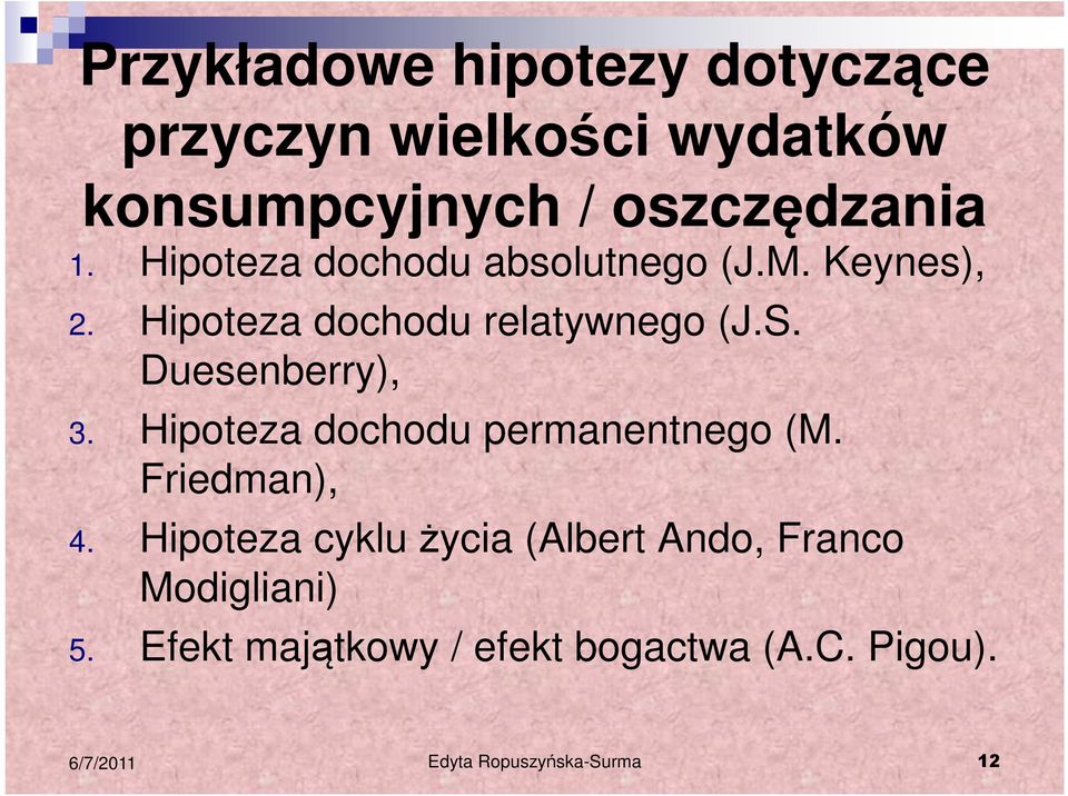 Duesenberry), 3. Hipoteza dochodu permanentnego (M. Friedman), 4.