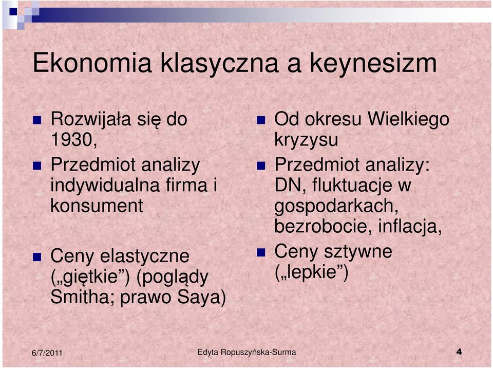 prawo Saya) Od okresu Wielkiego kryzysu Przedmiot analizy: DN, fluktuacje w