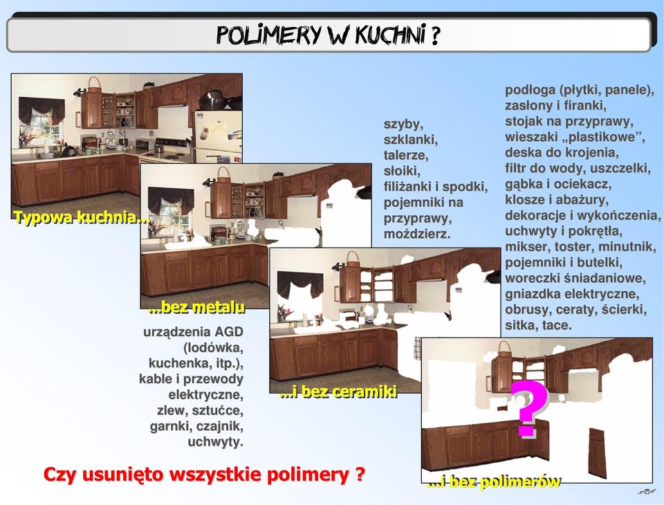 podłoga oga (płytki, panele), zasłony i firanki, stojak na przyprawy, wieszaki plastikowe, deska do krojenia, filtr do wody, uszczelki, gąbka i ociekacz, klosze i abaŝury ury,