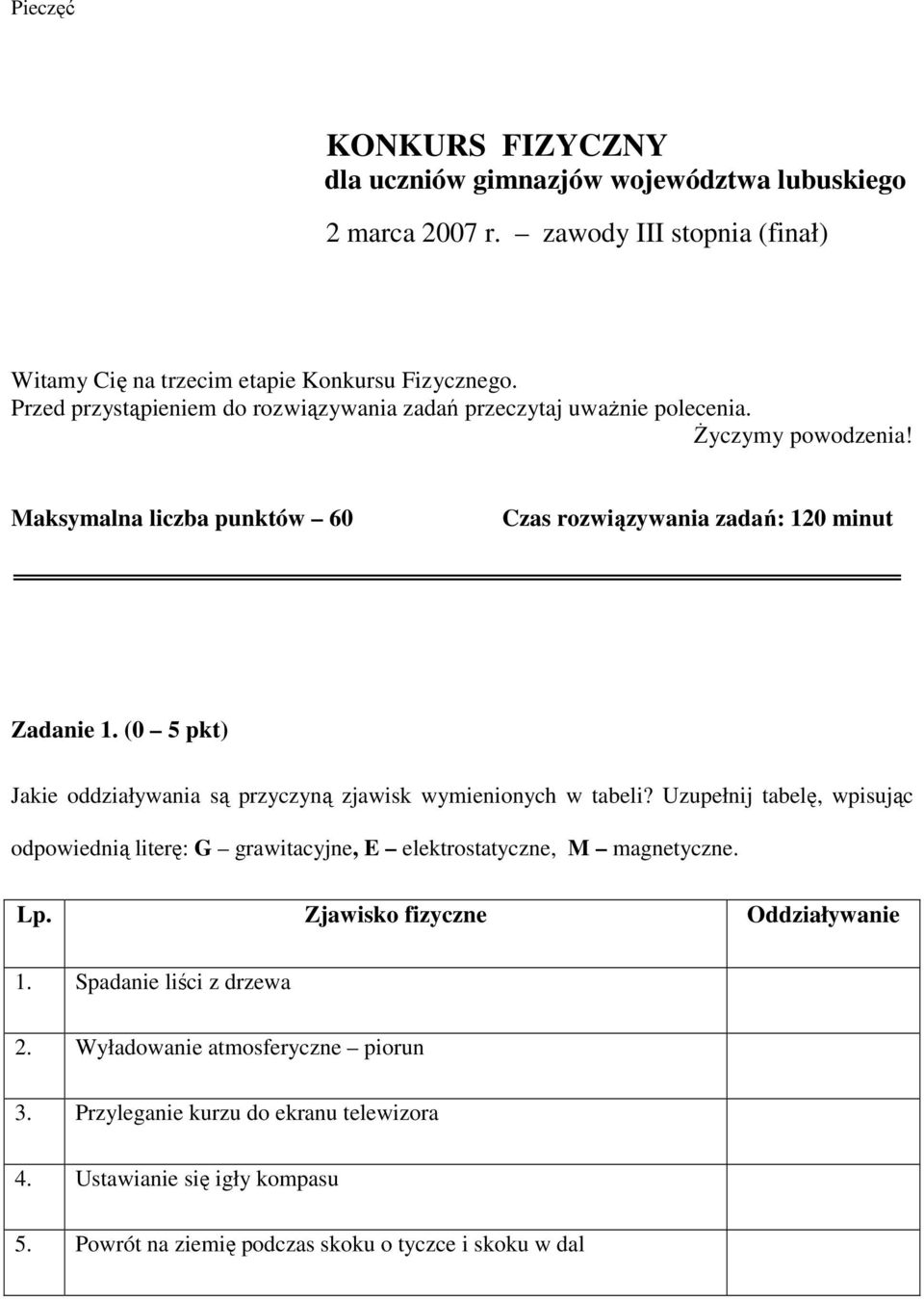 (0 5 pkt) Jakie oddziaływania są przyczyną zjawisk wymienionych w tabeli? Uzupełnij tabelę, wpisując odpowiednią literę: G grawitacyjne, E elektrostatyczne, M magnetyczne. Lp.