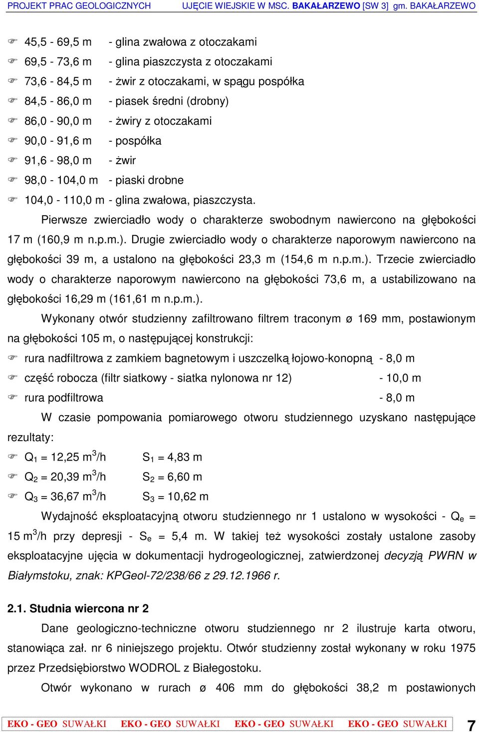 Pierwsze zwierciadło wody o charakterze swobodnym nawiercono na głębokości 17 m (160,9 m n.p.m.).