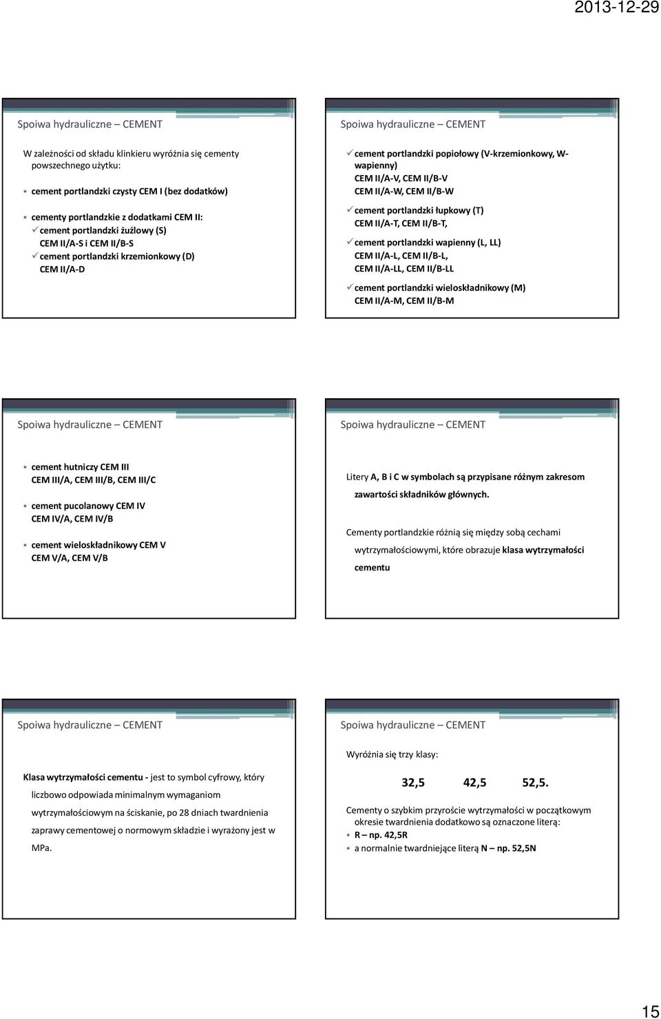 (T) CEM II/A-T, CEM II/B-T, cement portlandzki wapienny (L, LL) CEM II/A-L, CEM II/B-L, CEM II/A-LL, CEM II/B-LL cement portlandzki wieloskładnikowy (M) CEM II/A-M, CEM II/B-M cement hutniczy CEM III