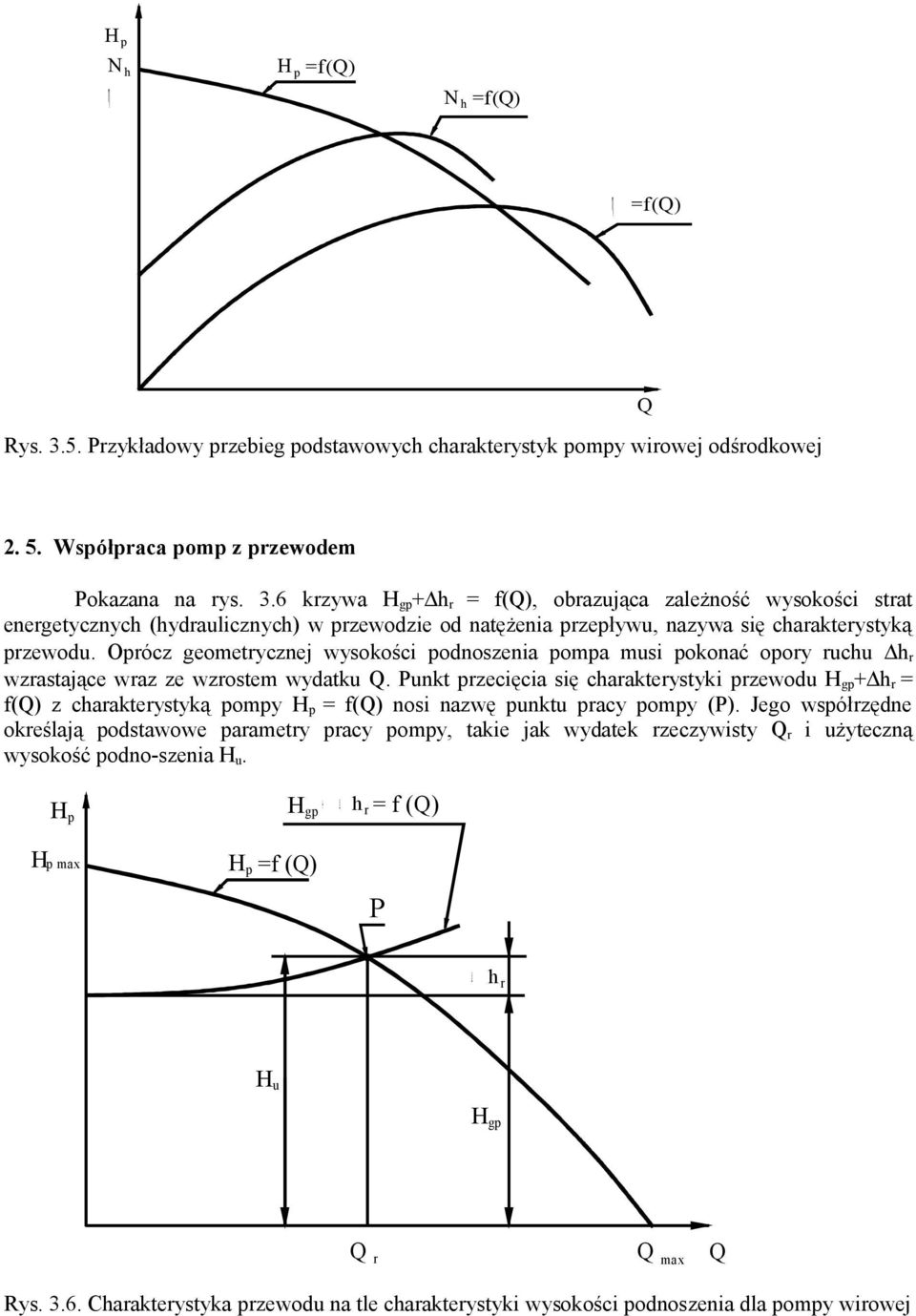 Pnkt przecięcia się charakterystyki przewod + h r f() z charakterystyką pompy H p f() nosi nazwę pnkt pracy pompy (P).