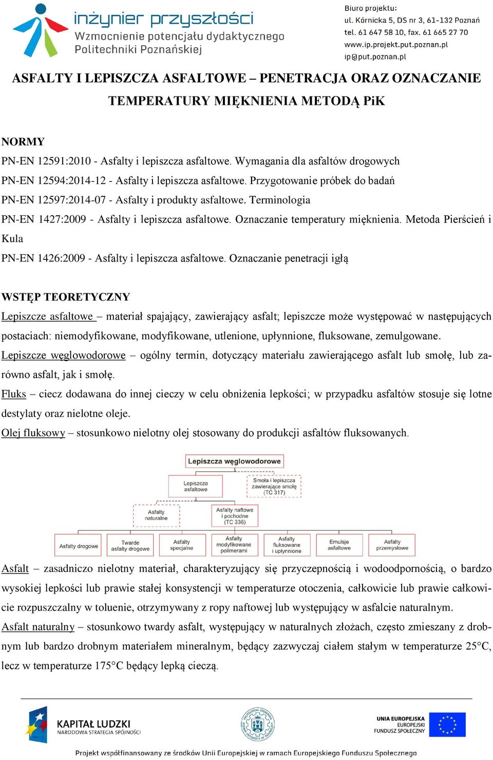 Terminologia PN-EN 1427:2009 - Asfalty i lepiszcza asfaltowe. Oznaczanie temperatury mięknienia. Metoda Pierścień i Kula PN-EN 1426:2009 - Asfalty i lepiszcza asfaltowe.