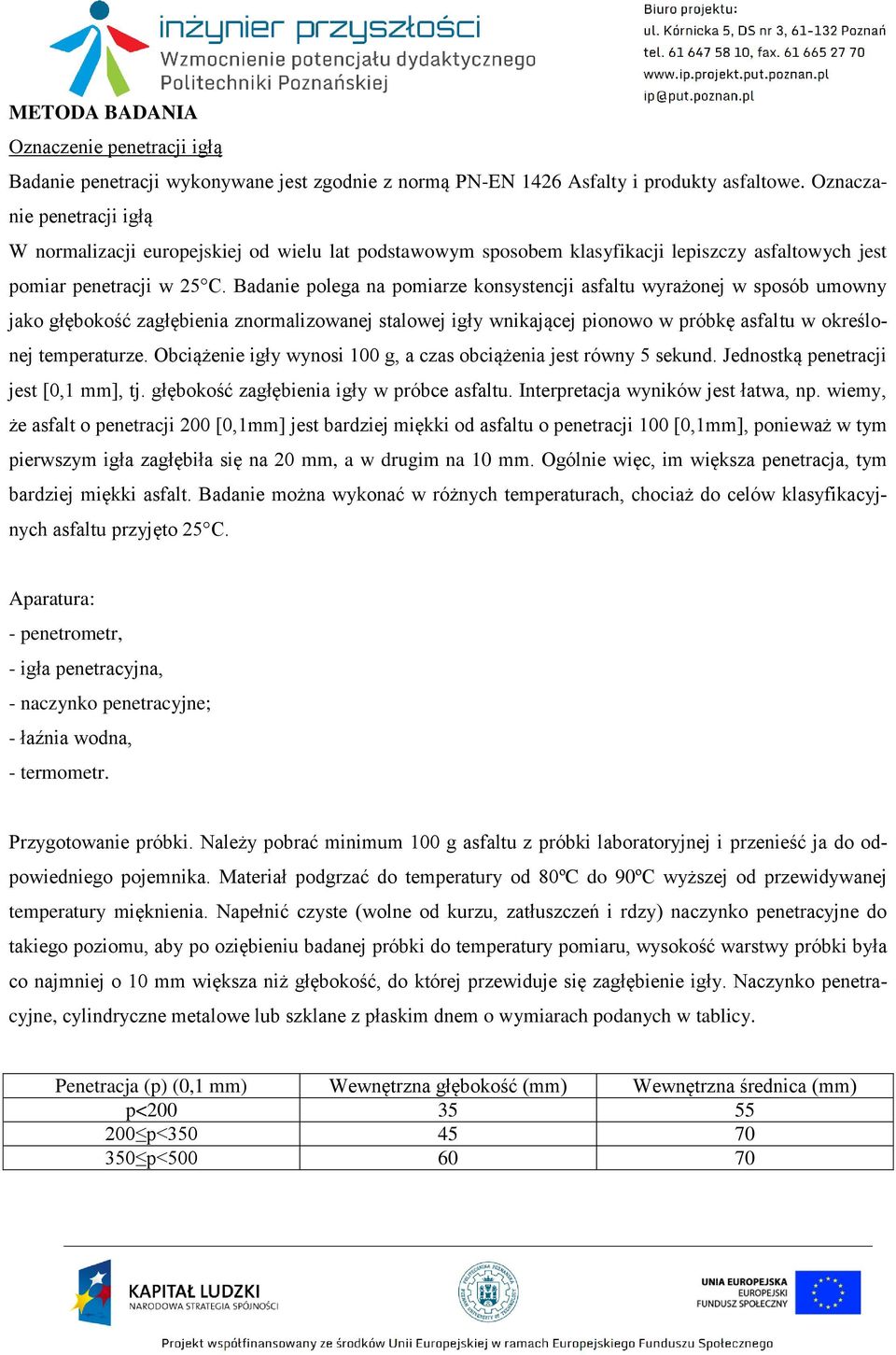 Badanie polega na pomiarze konsystencji asfaltu wyrażonej w sposób umowny jako głębokość zagłębienia znormalizowanej stalowej igły wnikającej pionowo w próbkę asfaltu w określonej temperaturze.