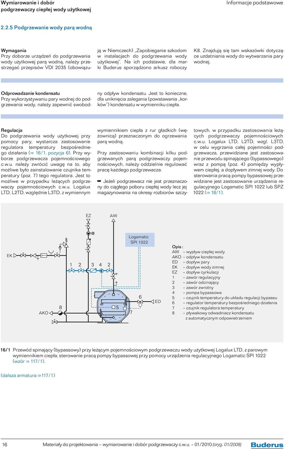instalacjach do podgrzewania wody użytkowej. Na ich podstawie, dla marki Buderus sporządzono arkusz roboczy K8. Znajdują się tam wskazówki dotyczące uzdatniania wody do wytwarzania pary wodnej.