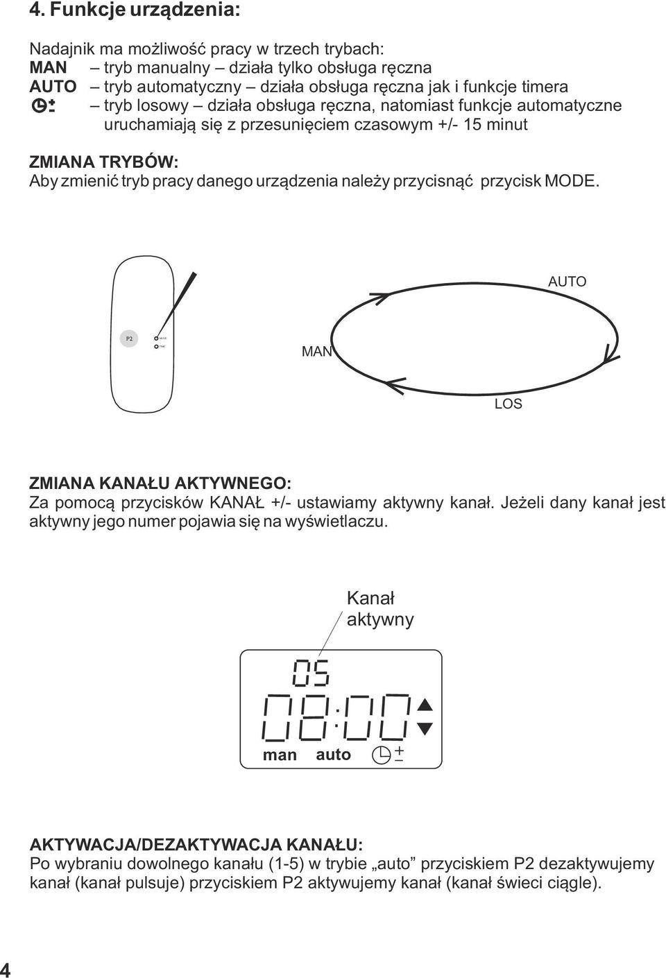 przycisnąć przycisk. AUTO MAN LOS ZMIANA KANAŁU AKTYWNEGO: Za pomocą przycisków KANAŁ +/- ustawiamy aktywny kanał.