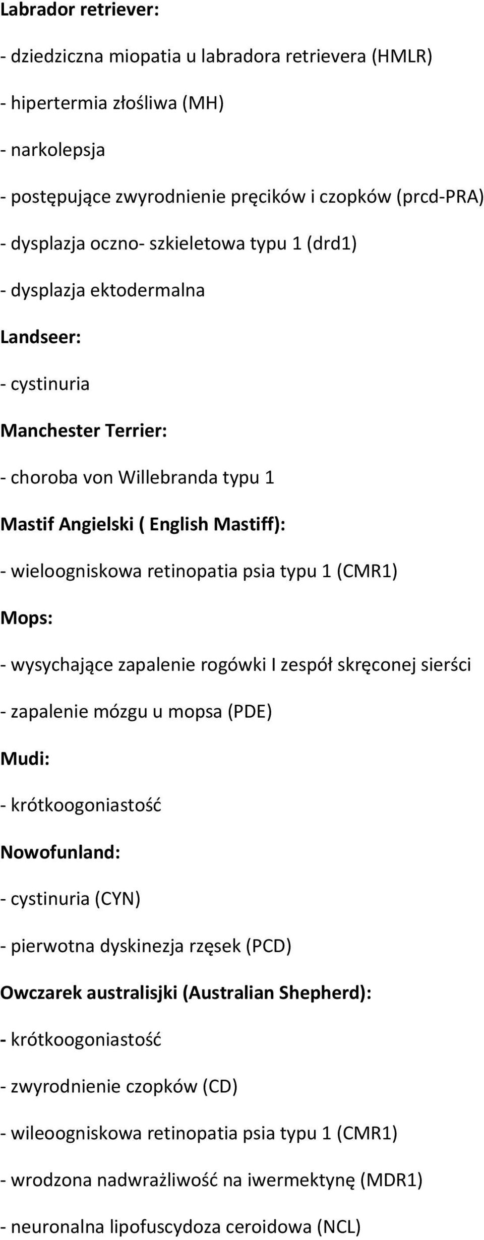 zapalenie rogówki I zespół skręconej sierści - zapalenie mózgu u mopsa (PDE) Mudi: Nowofunland: - cystinuria (CYN) - pierwotna dyskinezja rzęsek (PCD) Owczarek australisjki
