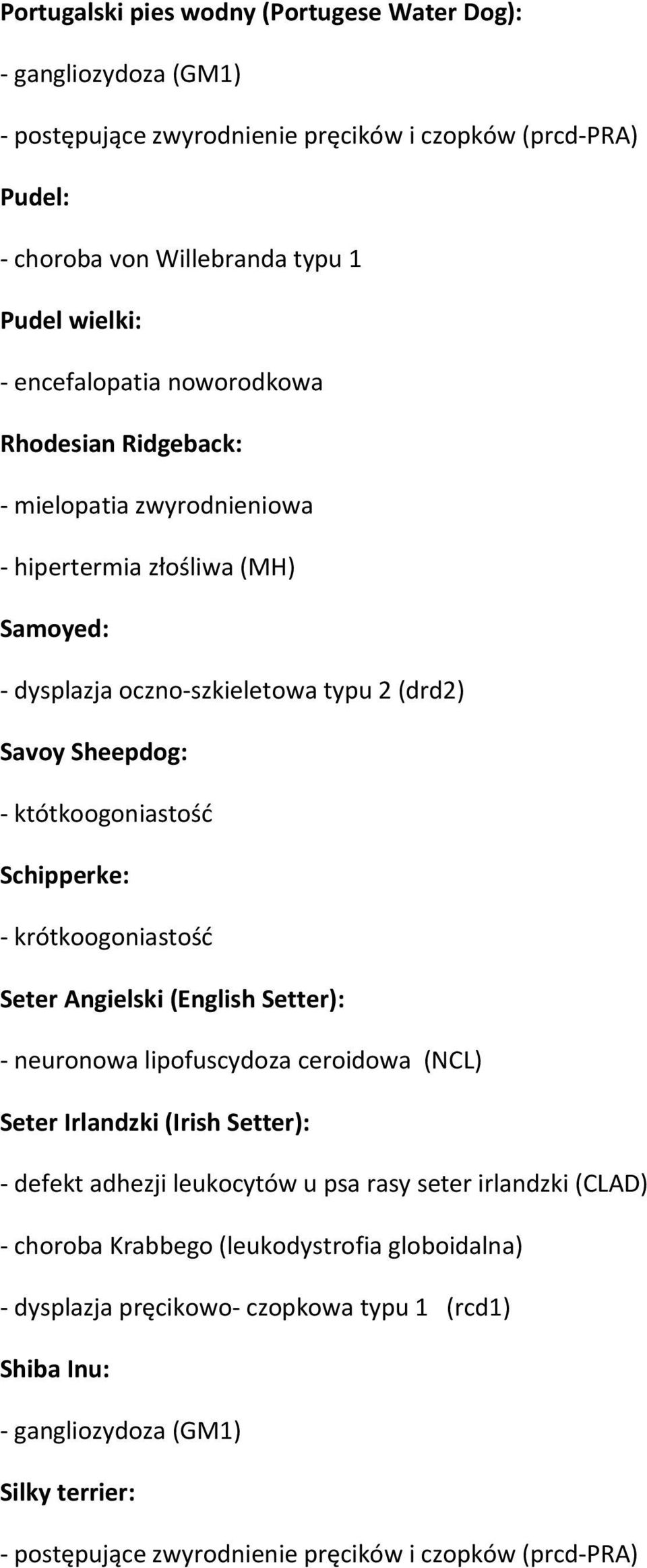 Seter Angielski (English Setter): - neuronowa lipofuscydoza ceroidowa (NCL) Seter Irlandzki (Irish Setter): - defekt adhezji leukocytów u psa rasy seter