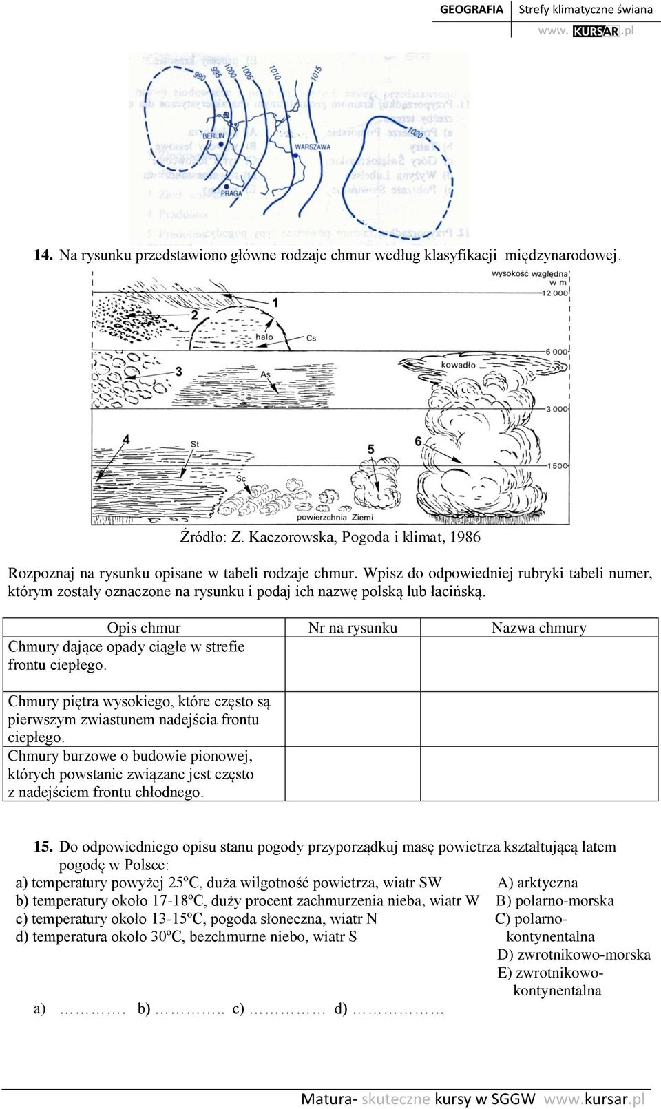 Opis chmur Nr na rysunku Nazwa chmury Chmury dające opady ciągłe w strefie frontu ciepłego. Chmury piętra wysokiego, które często są pierwszym zwiastunem nadejścia frontu ciepłego.