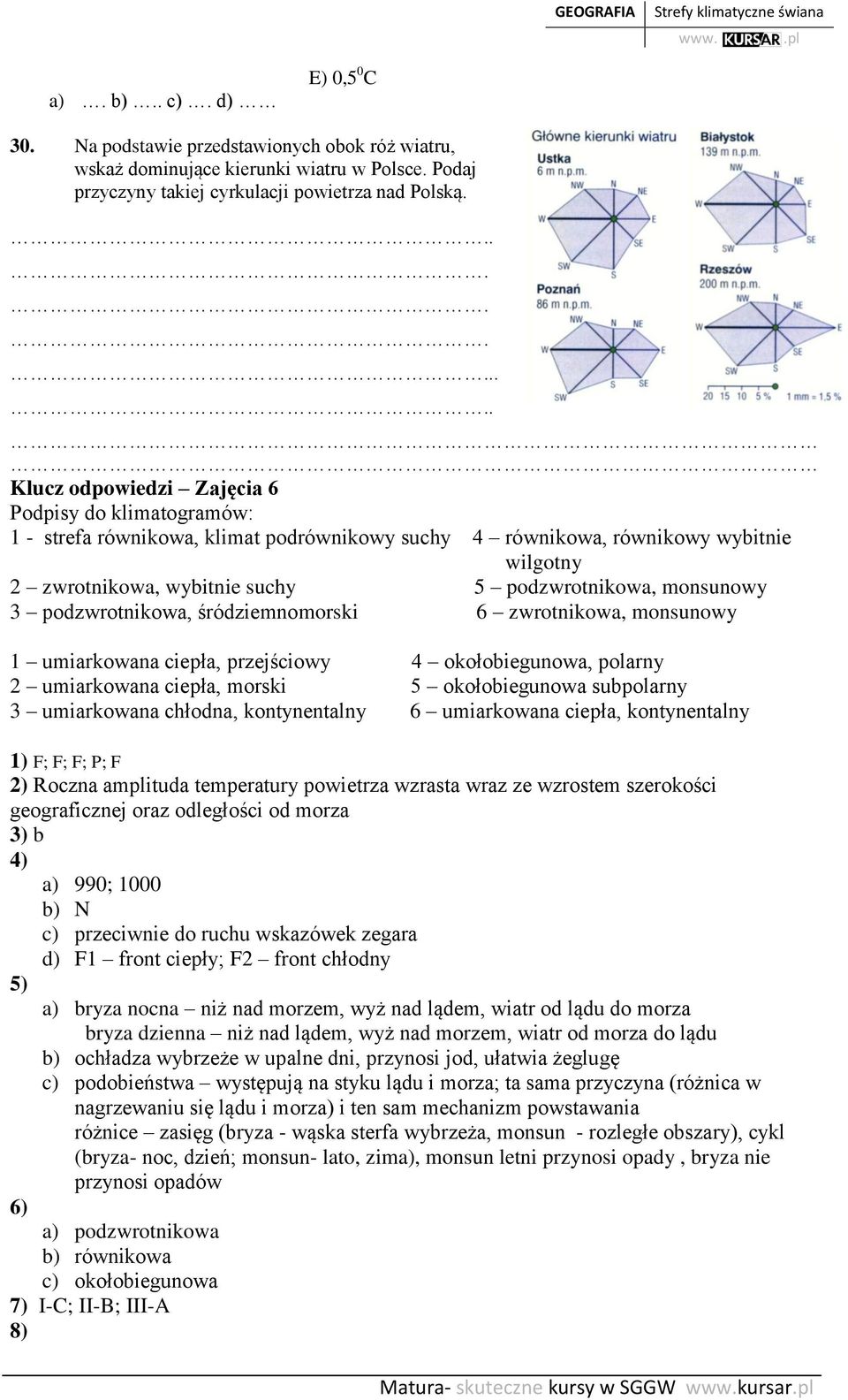 monsunowy 3 podzwrotnikowa, śródziemnomorski 6 zwrotnikowa, monsunowy 1 umiarkowana ciepła, przejściowy 4 okołobiegunowa, polarny 2 umiarkowana ciepła, morski 5 okołobiegunowa subpolarny 3