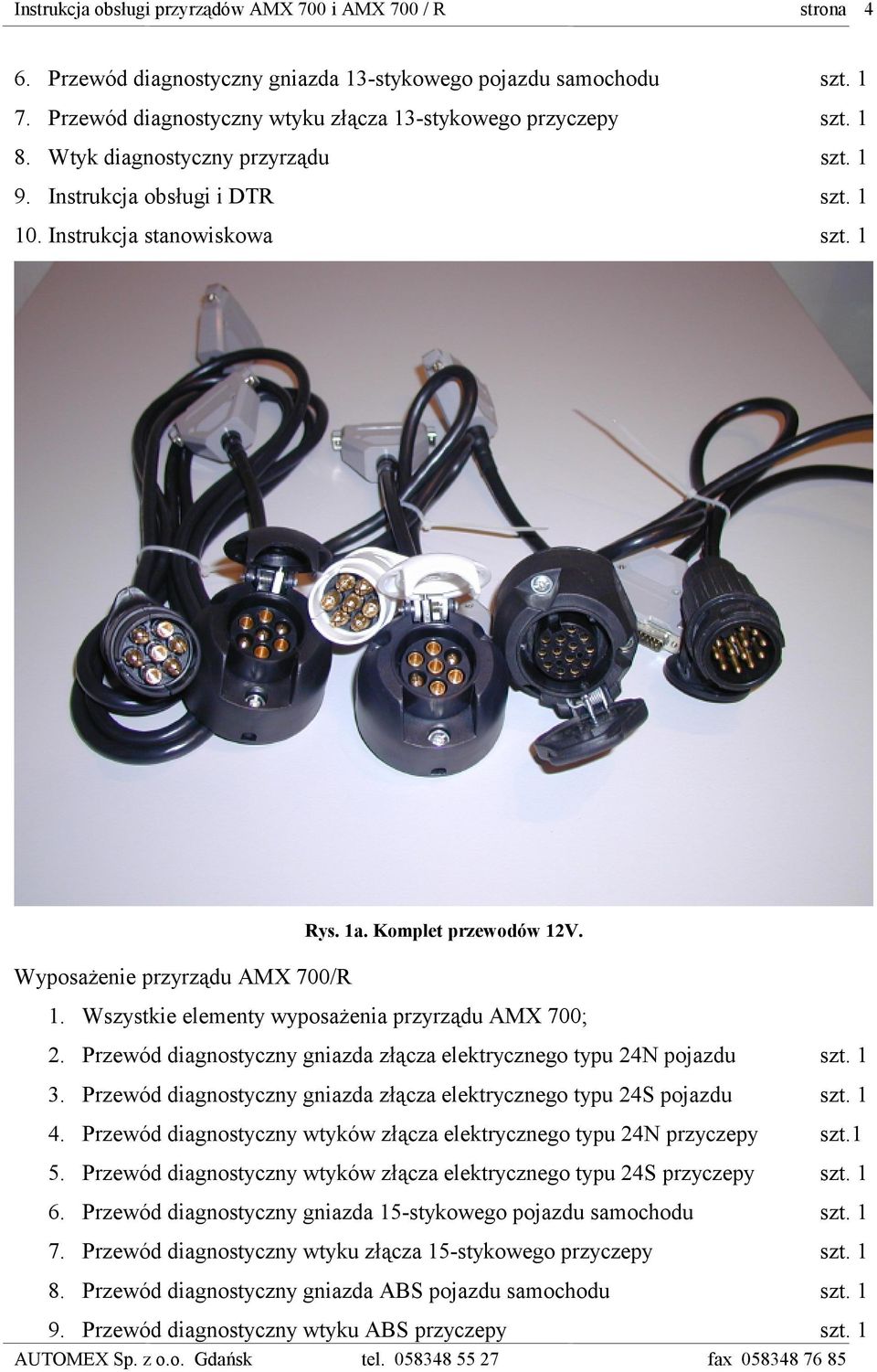 Przewód diagnostyczny gniazda złącza elektrycznego typu 24N pojazdu szt. 1 3. Przewód diagnostyczny gniazda złącza elektrycznego typu 24S pojazdu szt. 1 4.