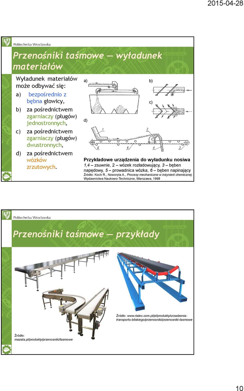 a) b) d) Przykładowe urządzenia do wyładunku nosiwa 1,4 zsuwnie, 2 wózek rozładowujący, 3 bęben napędowy, 5 prowadnica wózka, 6 bęben napinający Źródło: Koch R., Noworyta A.