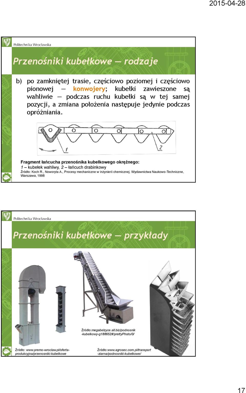 , Noworyta A., Procesy mechaniczne w inżynierii chemicznej. Wydawnictwa Naukowo-Techniczne, Warszawa, 1998 Przenośniki kubełkowe przykłady Źródło:megabelzyce.all.