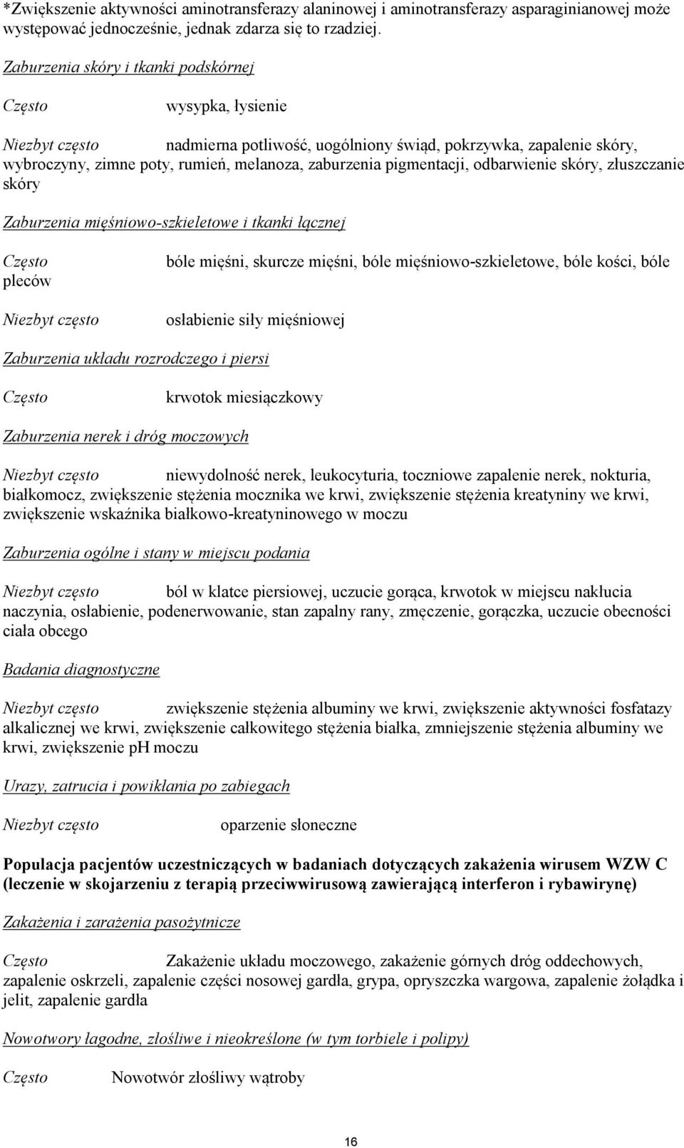 pigmentacji, odbarwienie skóry, złuszczanie skóry Zaburzenia mięśniowo-szkieletowe i tkanki łącznej pleców Niezbyt często bóle mięśni, skurcze mięśni, bóle mięśniowo-szkieletowe, bóle kości, bóle