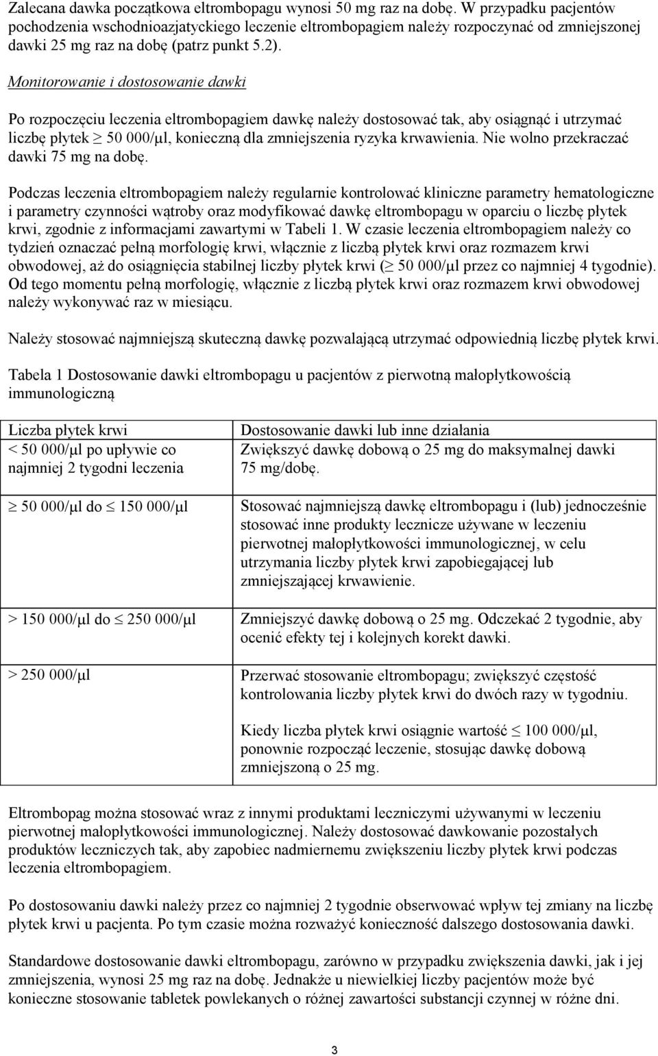 Monitorowanie i dostosowanie dawki Po rozpoczęciu leczenia eltrombopagiem dawkę należy dostosować tak, aby osiągnąć i utrzymać liczbę płytek 50 000/µl, konieczną dla zmniejszenia ryzyka krwawienia.