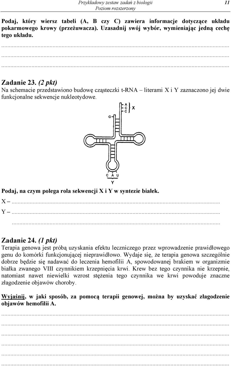 (2 pkt) Na schemacie przedstawiono budowę cząsteczki t-rna literami X i Y zaznaczono jej dwie funkcjonalne sekwencje nukleotydowe. Podaj, na czym polega rola sekwencji X i Y w syntezie białek. X... Y...... Zadanie 24.