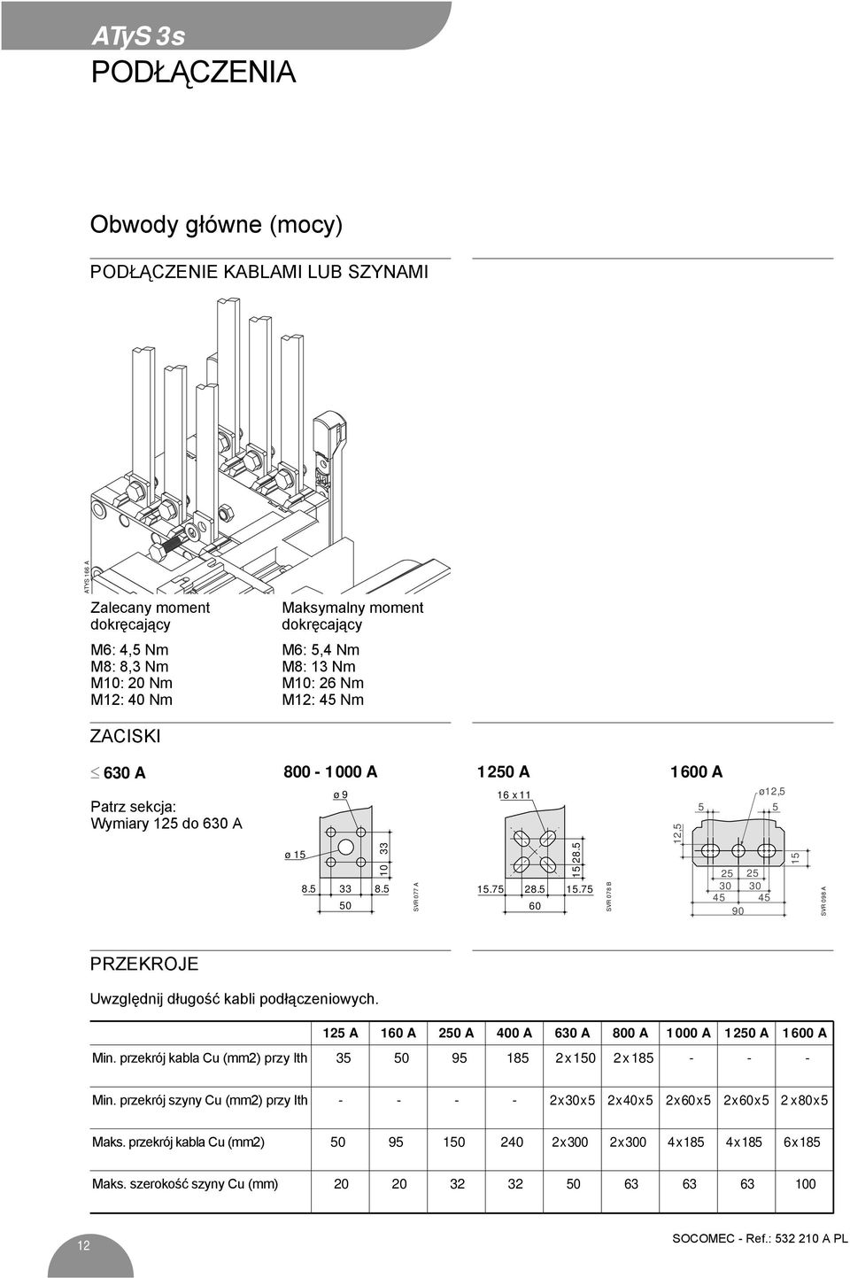 75 60 SVR 078 B 25 25 30 30 45 45 90 15 SVR 098 A PRZEKROJE Uwzględnij długość kabli podłączeniowych. 125 A 160 A 250 A 400 A 630 A 800 A 1000 A 1250 A 1600 A Min.