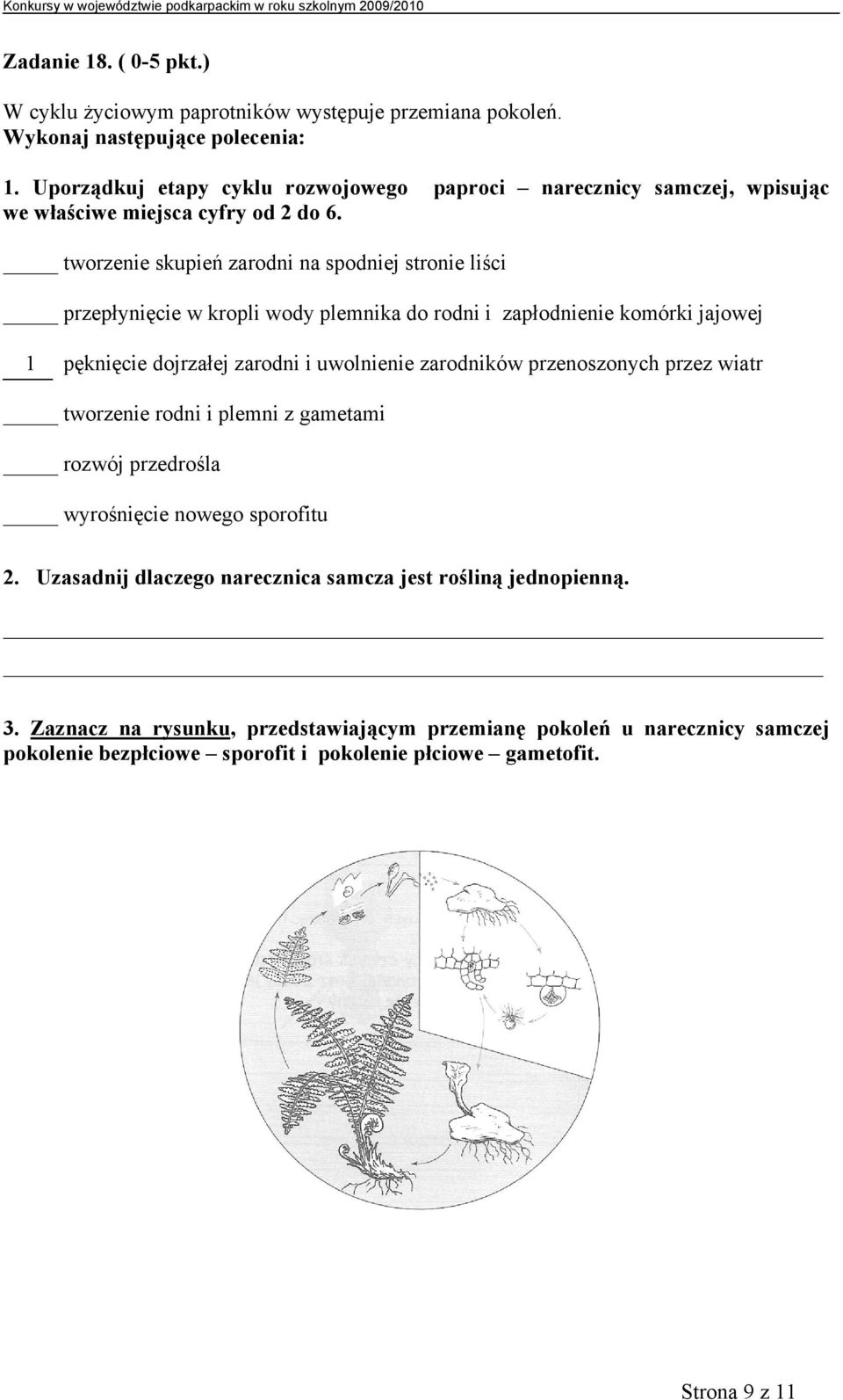 tworzenie skupień zarodni na spodniej stronie liści przepłynięcie w kropli wody plemnika do rodni i zapłodnienie komórki jajowej 1 pęknięcie dojrzałej zarodni i uwolnienie zarodników