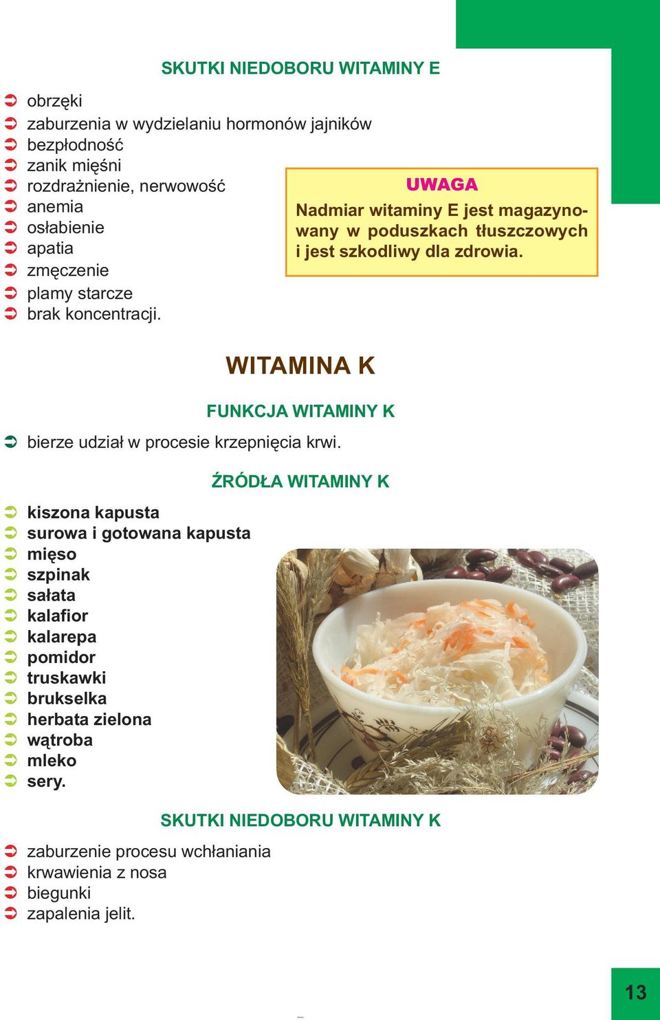 ŹRÓDŁA WITAMINY K kiszona kapusta surowa i gotowana kapusta mięso szpinak sałata kalafior kalarepa pomidor truskawki brukselka herbata zielona wątroba mleko