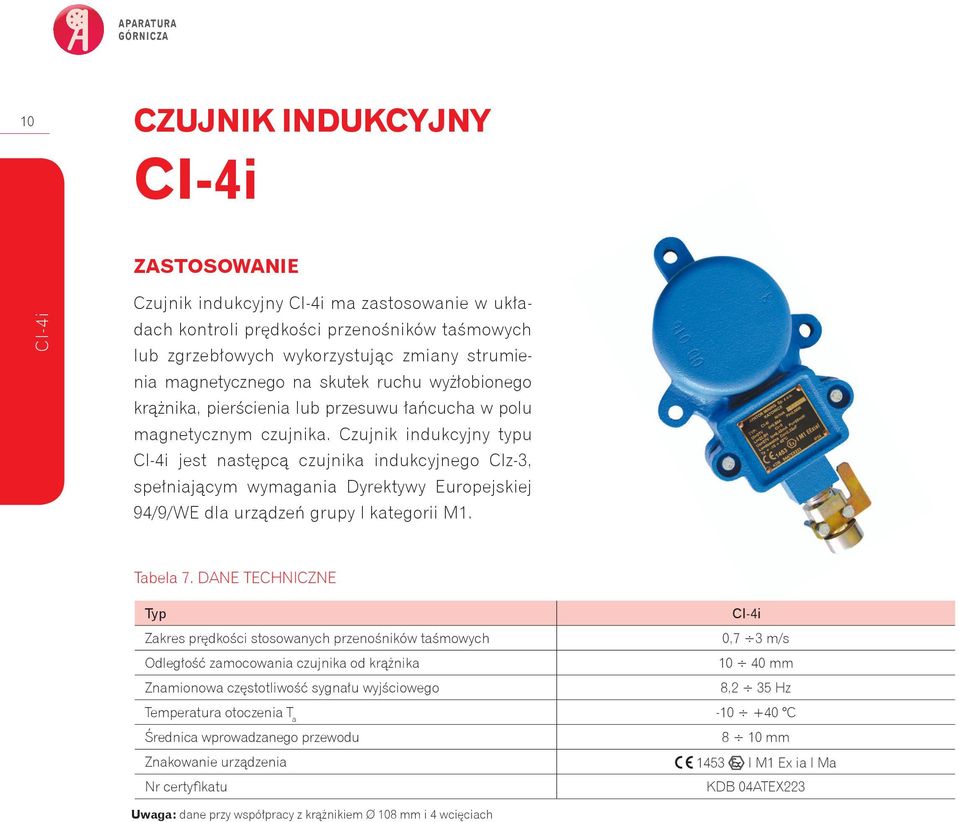 Czujnik indukcyjny typu Cl-4i jest następcą czujnika indukcyjnego Clz-3, spełniającym wymagania Dyrektywy Europejskiej 94/9/WE dla urządzeń grupy I kategorii M1. Tabela 7.