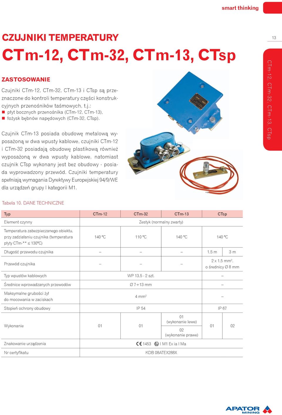 jest bez obudowy - posiada wyprowadzony przewód. Czujniki temperatury spełniają wymagania Dyrektywy Europejskiej 94/9/WE dla urządzeń grupy I kategorii M1. CTm-12, CTm-32, CTm-13, CTsp 13 Tabela 10.