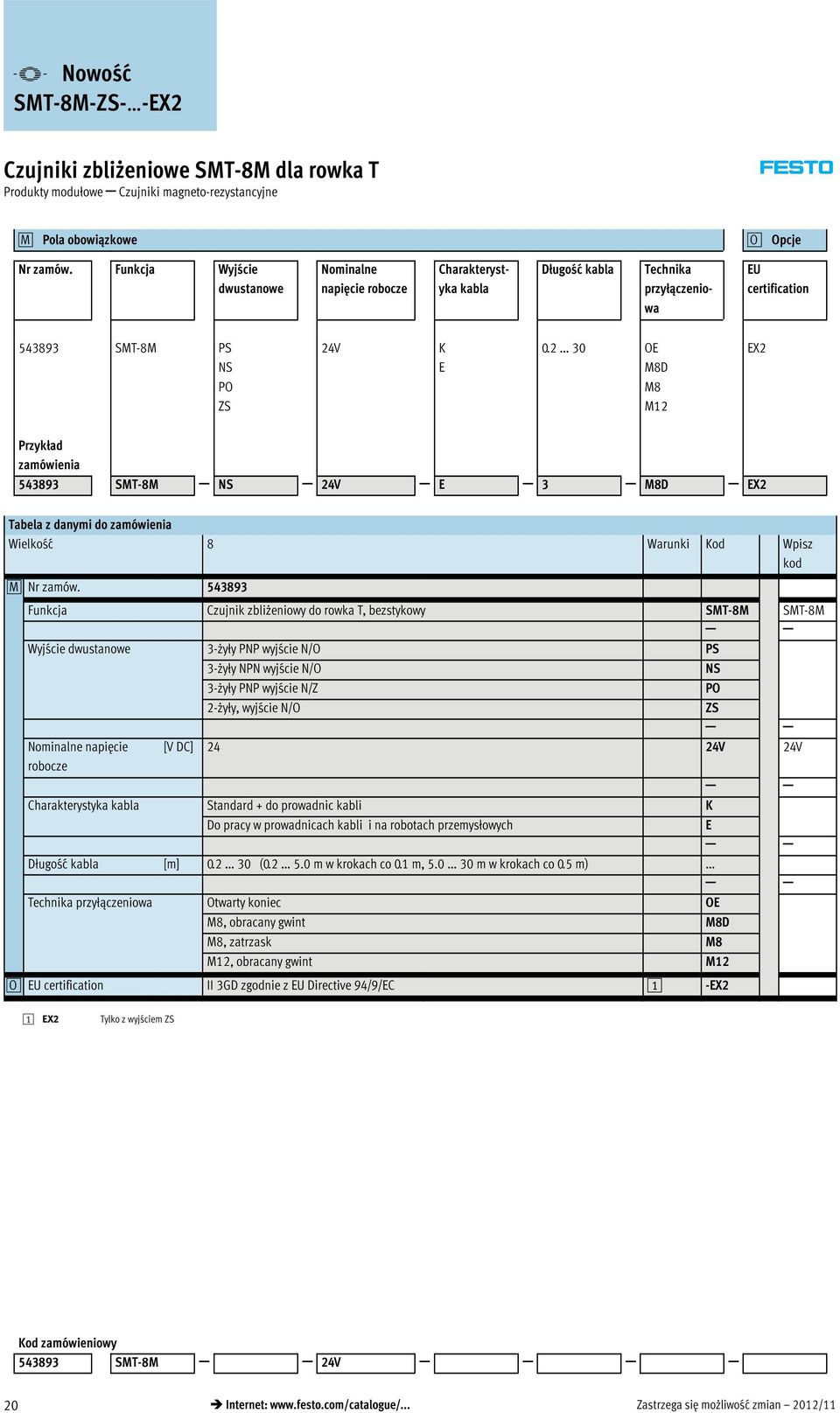 2 30 OE M8D M8 M12 EX2 Przykład zamówienia 543893 SMT-8M NS 24V E 3 M8D EX2 Tabela z danymi do zamówienia Wielkość 8 Warunki Kod Wpisz kod 0M Nr zamów.