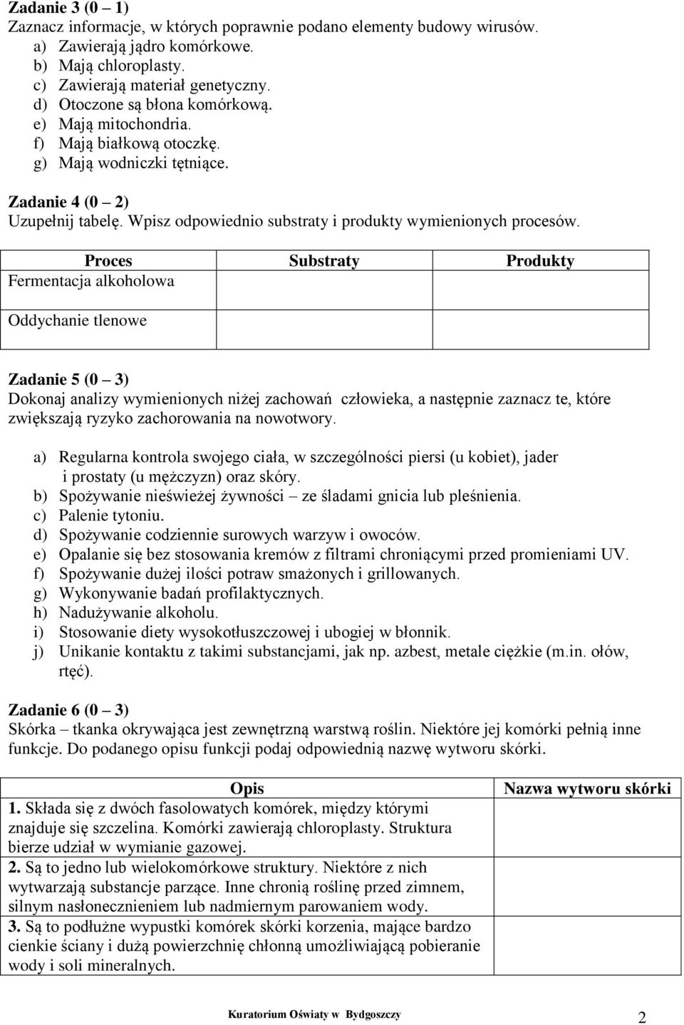 Wpisz odpowiednio substraty i produkty wymienionych procesów.