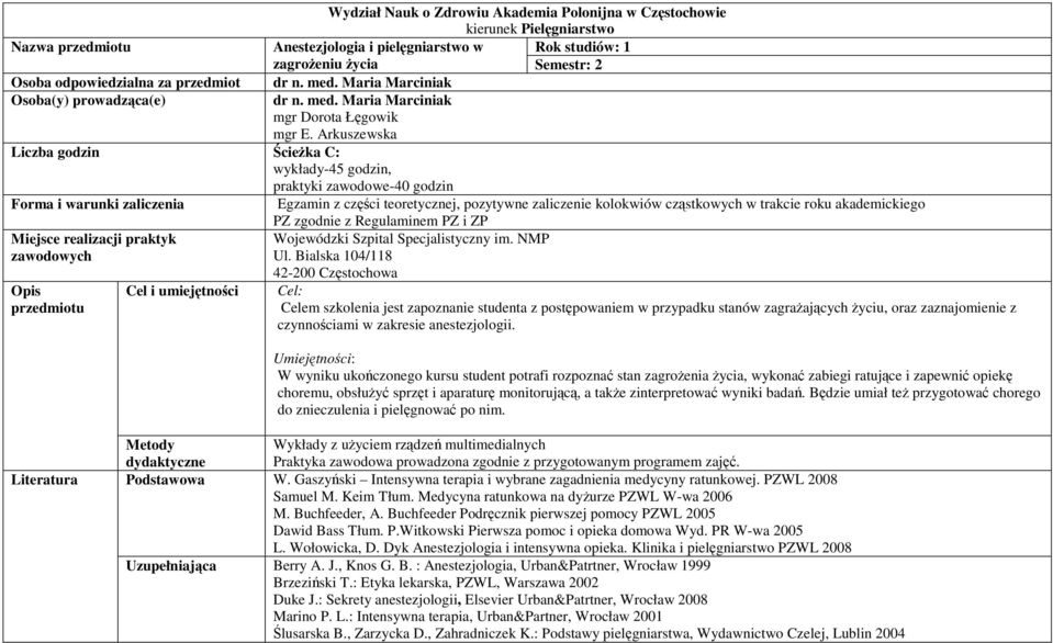 Arkuszewska praktyki zawodowe-40 godzin Egzamin z części teoretycznej, pozytywne zaliczenie kolokwiów cząstkowych w trakcie roku akademickiego PZ zgodnie z Regulaminem PZ i ZP Wojewódzki Szpital