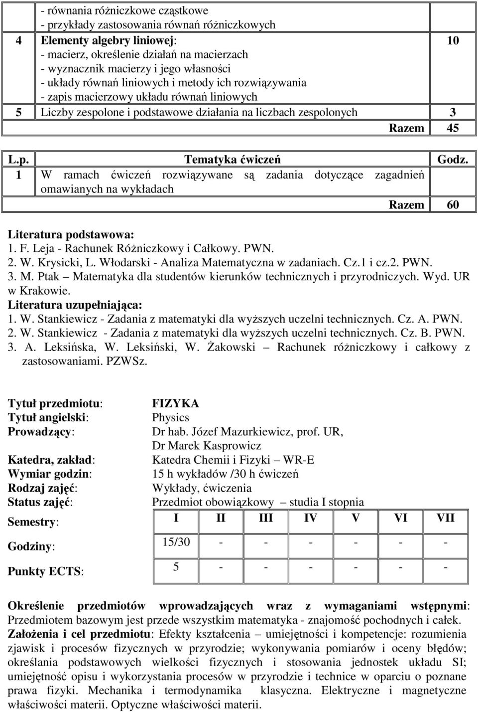 F. Leja - Rachunek Różniczkowy i Całkowy. PWN.. W. Krysicki, L. Włodarski - Analiza Matematyczna w zadaniach. Cz.1 i cz.. PWN. 3. M. Ptak Matematyka dla studentów kierunków technicznych i przyrodniczych.