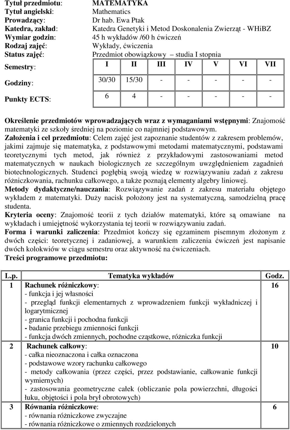 Semestry: I II III IV V VI VII Godziny: 30/30 15/30 - - - - - Punkty ECTS: 6 4 - - - - - Określenie przedmiotów wprowadzających wraz z wymaganiami wstępnymi: Znajomość matematyki ze szkoły średniej