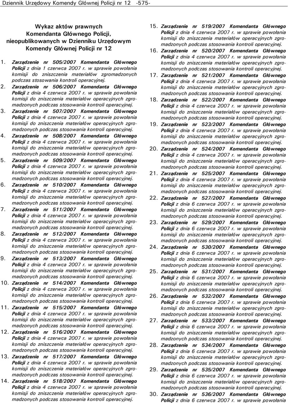 Zarządzenie nr 507/2007 Komendanta Głównego 4. Zarządzenie nr 508/2007 Komendanta Głównego 5. Zarządzenie nr 509/2007 Komendanta Głównego 6. Zarządzenie nr 510/2007 Komendanta Głównego 7.