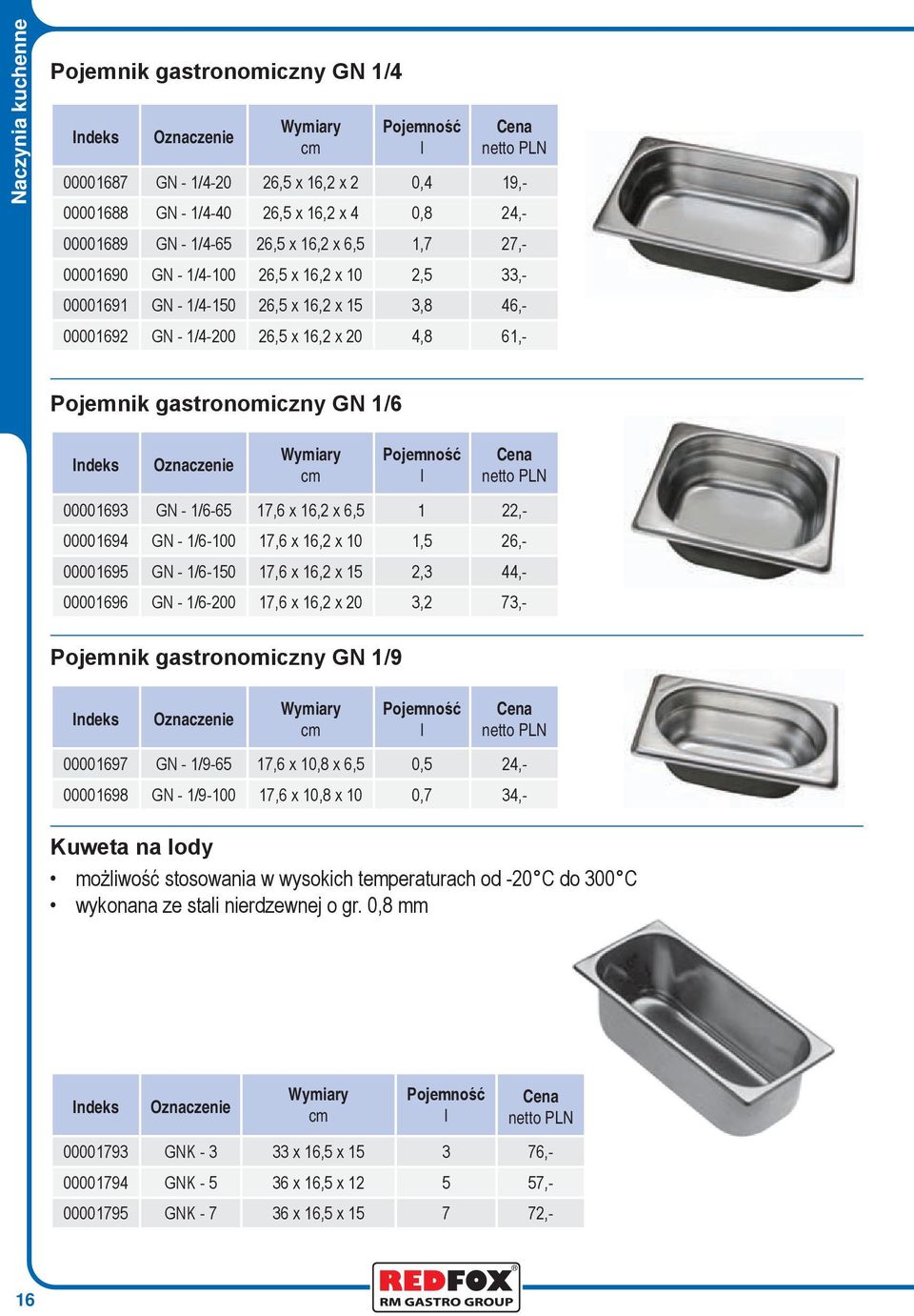 16,2 x 6,5 1 22,- 00001694 GN - 1/6-100 17,6 x 16,2 x 10 1,5 26,- 00001695 GN - 1/6-150 17,6 x 16,2 x 15 2,3 44,- 00001696 GN - 1/6-200 17,6 x 16,2 x 20 3,2 73,- Pojemnik gastronomiczny GN 1/9 l