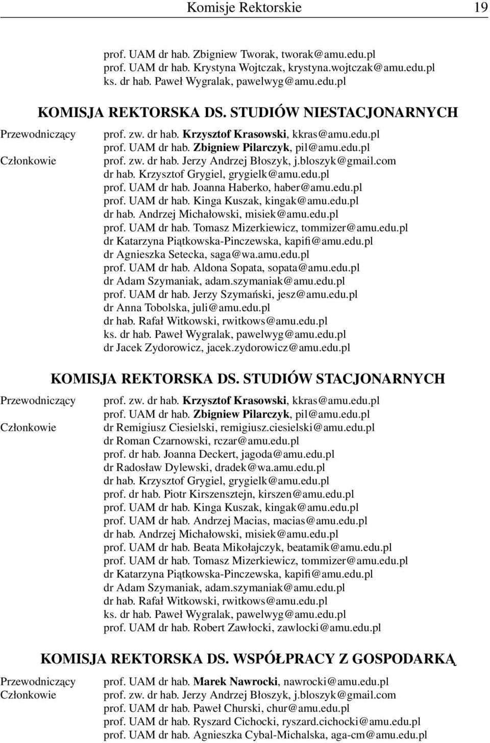 Zbigniew Pilarczyk, pil@amu.edu.pl prof. zw. dr hab. Jerzy Andrzej Błoszyk, j.bloszyk@gmail.com dr hab. Krzysztof Grygiel, grygielk@amu.edu.pl prof. UAM dr hab. Joanna Haberko, haber@amu.edu.pl prof. UAM dr hab. Kinga Kuszak, kingak@amu.