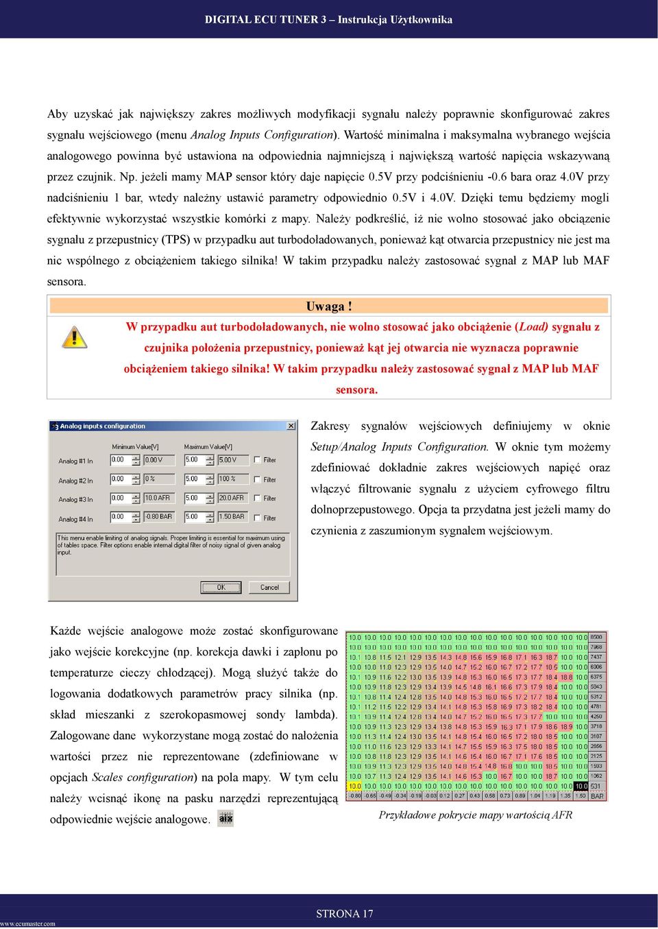 jeżeli mamy MAP sensor który daje napięcie 0.5V przy podciśnieniu -0.6 bara oraz 4.0V przy nadciśnieniu 1 bar, wtedy należny ustawić parametry odpowiednio 0.5V i 4.0V. Dzięki temu będziemy mogli efektywnie wykorzystać wszystkie komórki z mapy.