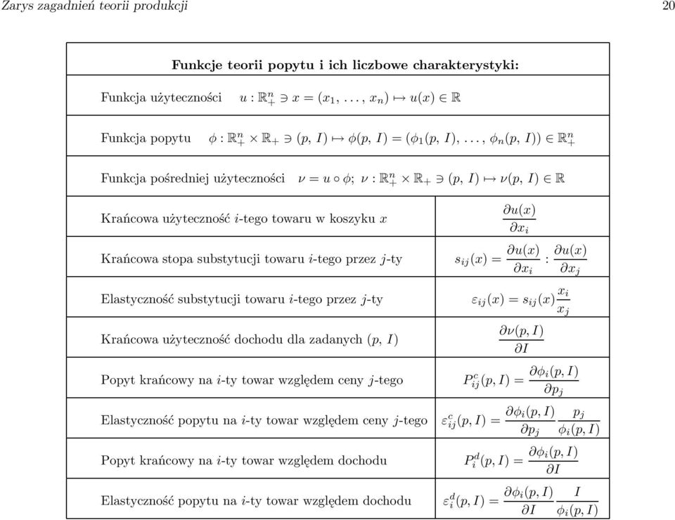 u(x) x i : u(x) x j Elastycznośćsubstytucjitowarui-tegoprzezj-ty Krańcowa użyteczność dochodu dla zadanych(p, I) Popytkrańcowynai-tytowarwzględemcenyj-tego ε ij (x)=s ij (x) x i x j ν(p, I) I P c