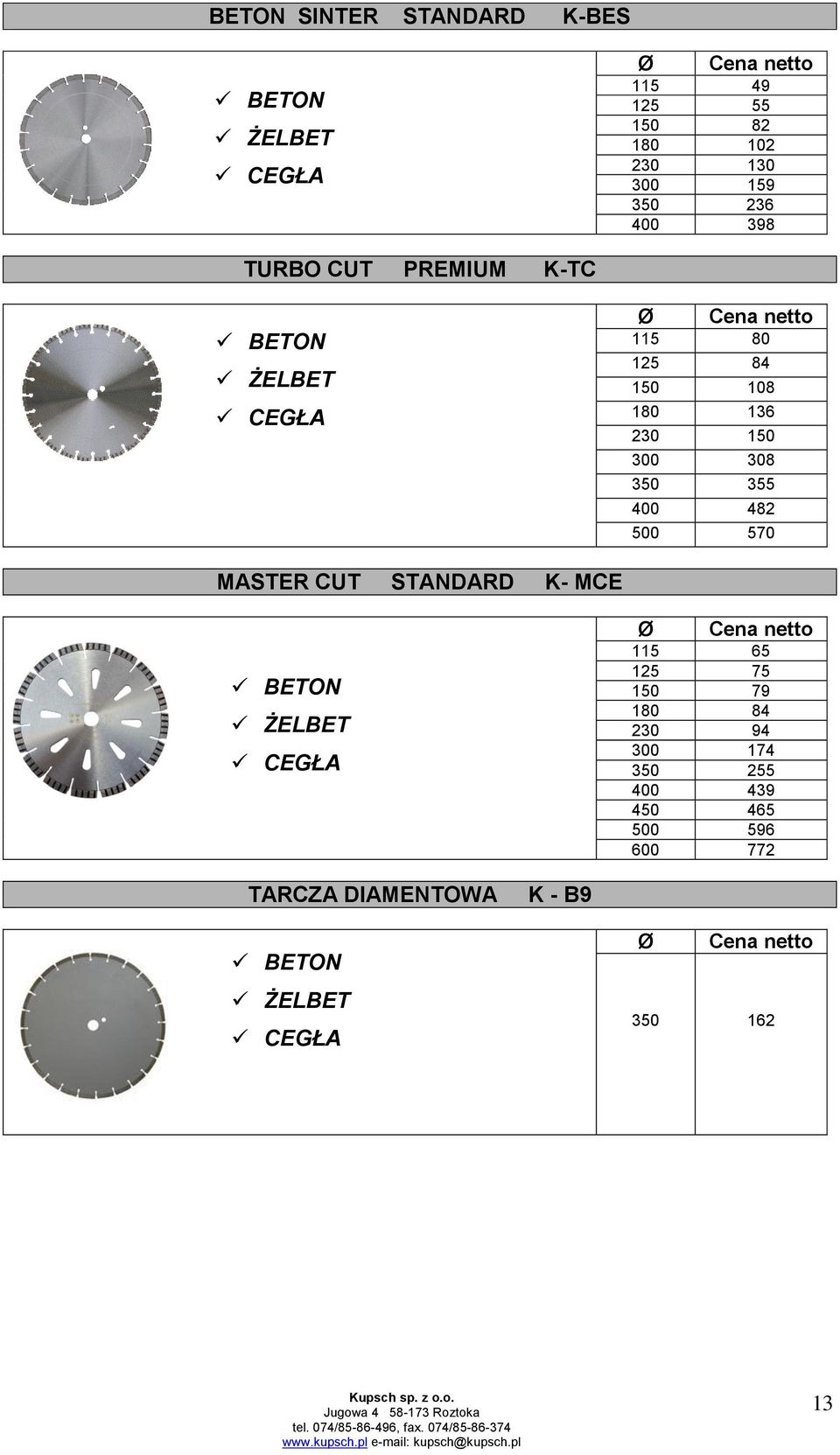 355 400 482 500 570 MASTER CUT STANDARD K- MCE BETON ŻELBET CEGŁA 115 65 125 75 150 79 180 84 230 94