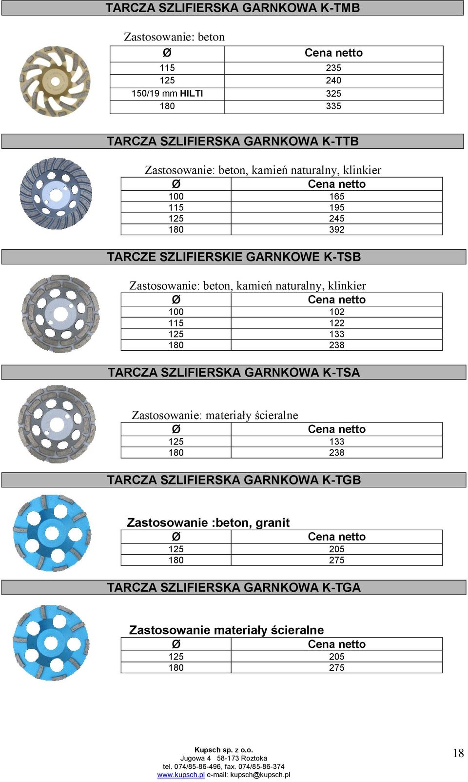 naturalny, klinkier 100 102 115 122 125 133 180 238 TARCZA SZLIFIERSKA GARNKOWA K-TSA Zastosowanie: materiały ścieralne 125 133 180 238 TARCZA