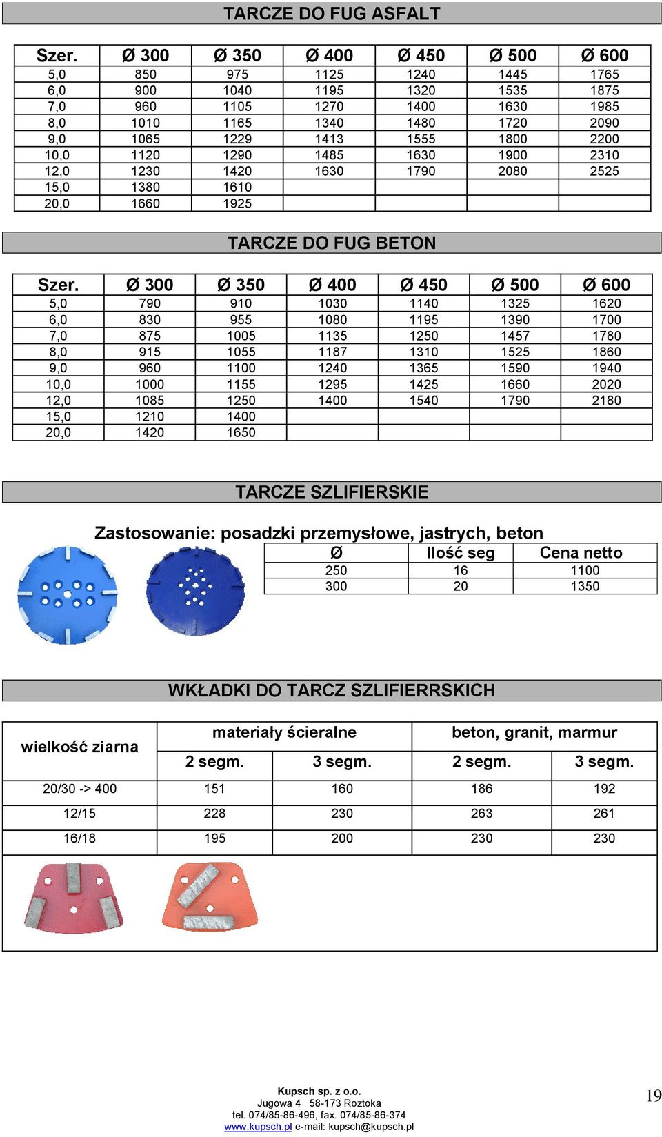 1290 1485 1630 1900 2310 12,0 1230 1420 1630 1790 2080 2525 15,0 1380 1610 20,0 1660 1925 TARCZE DO FUG BETON Szer.