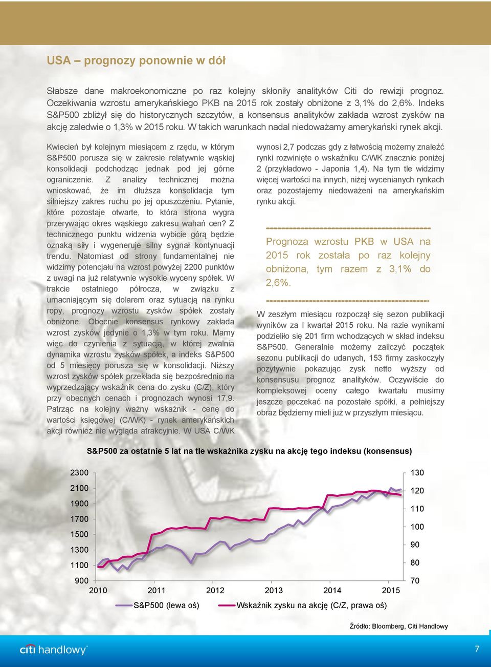 Indeks S&P500 zbliżył się do historycznych szczytów, a konsensus analityków zakłada wzrost zysków na akcję zaledwie o 1,3% w 2015 roku. W takich warunkach nadal niedoważamy amerykański rynek akcji.