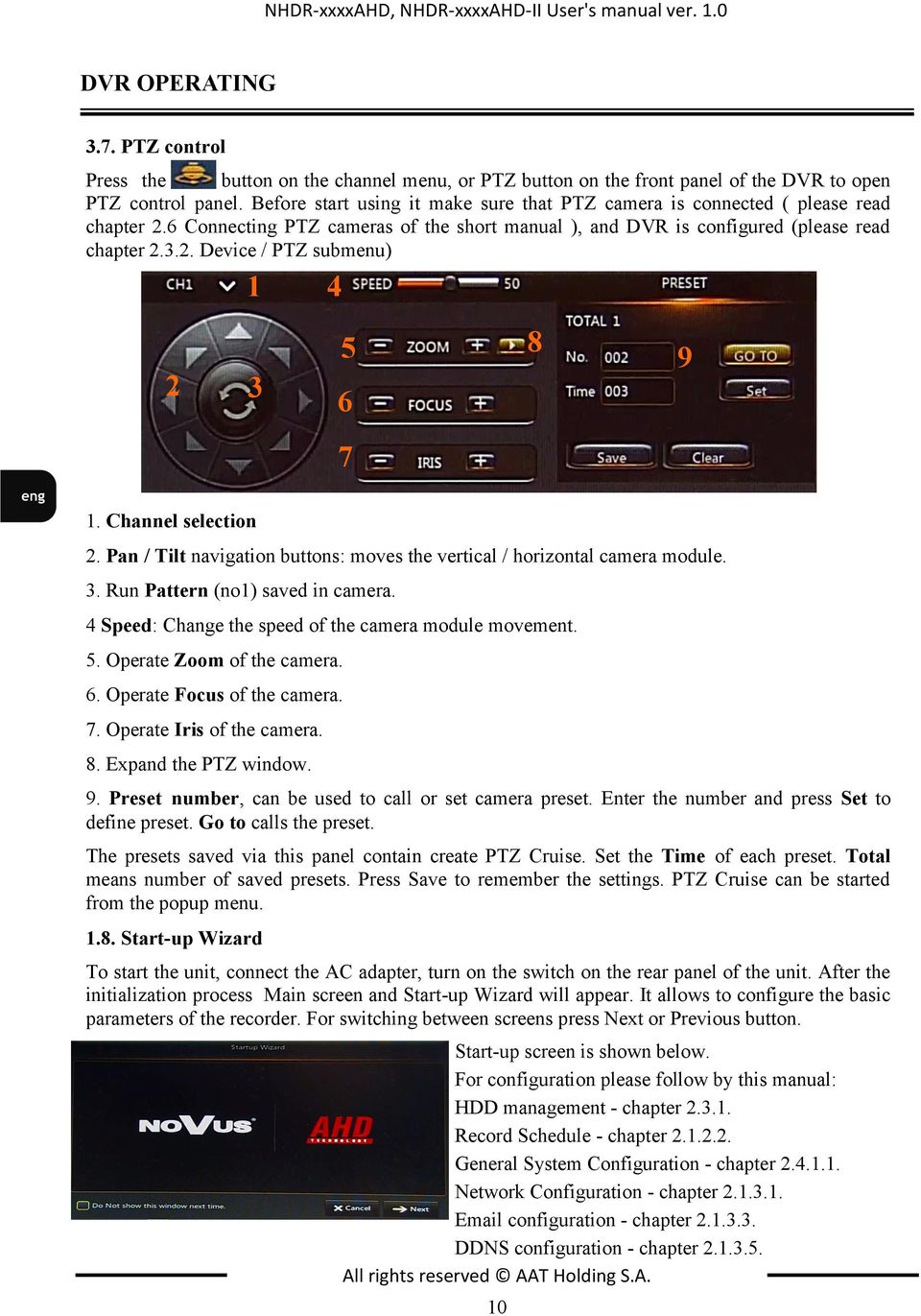 Channel selection 2. Pan / Tilt navigation buttons: moves the vertical / horizontal camera module. 3. Run Pattern (no1) saved in camera. 4 Speed: Change the speed of the camera module movement. 5.