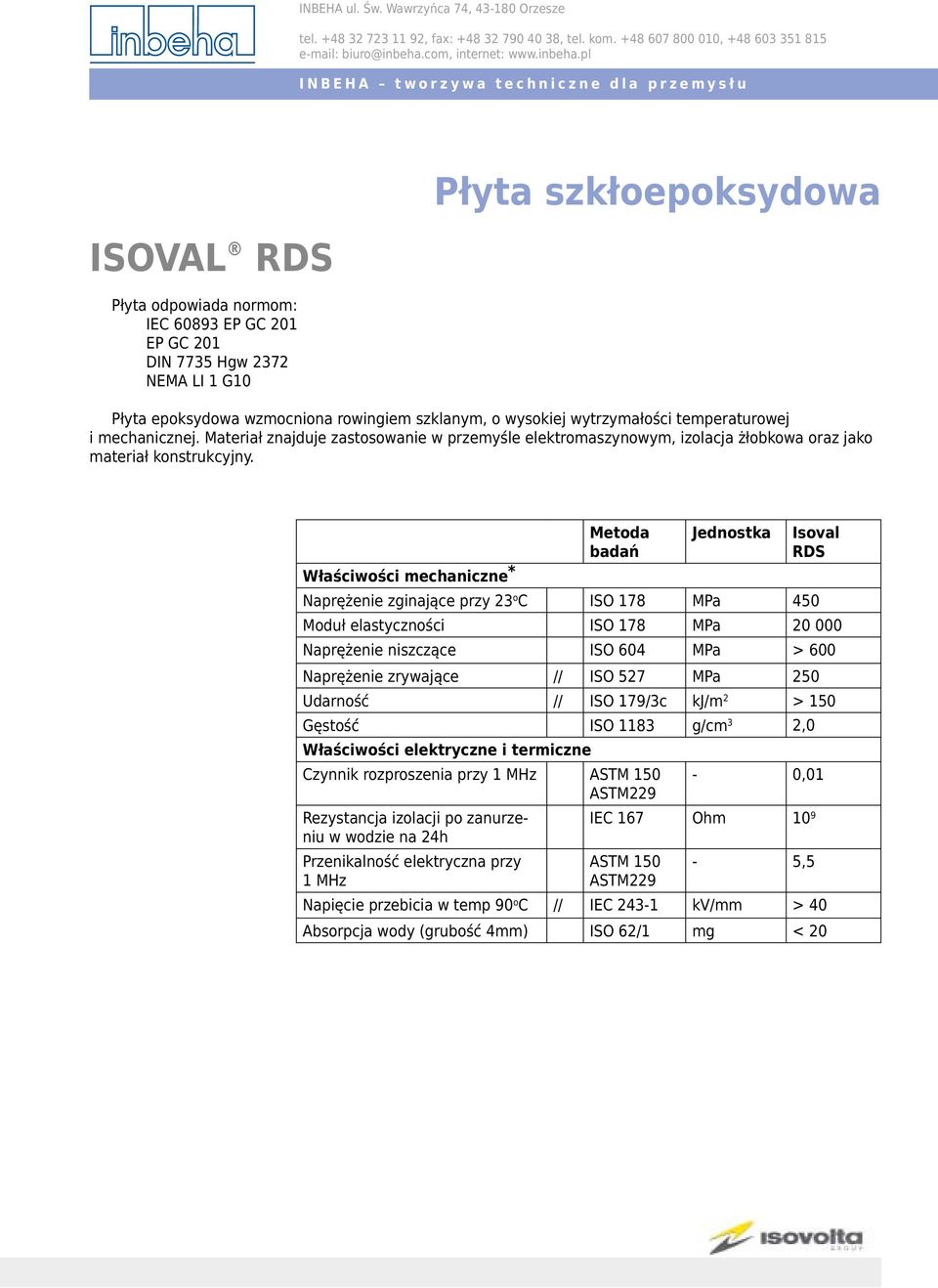 Metoda Jednostka Isoval RDS Naprężenie zginające przy 23 o C ISO 178 MPa 450 Moduł elastyczności ISO 178 MPa 20 000 Naprężenie niszczące ISO 604 MPa > 600 Naprężenie zrywające // ISO 527 MPa 250