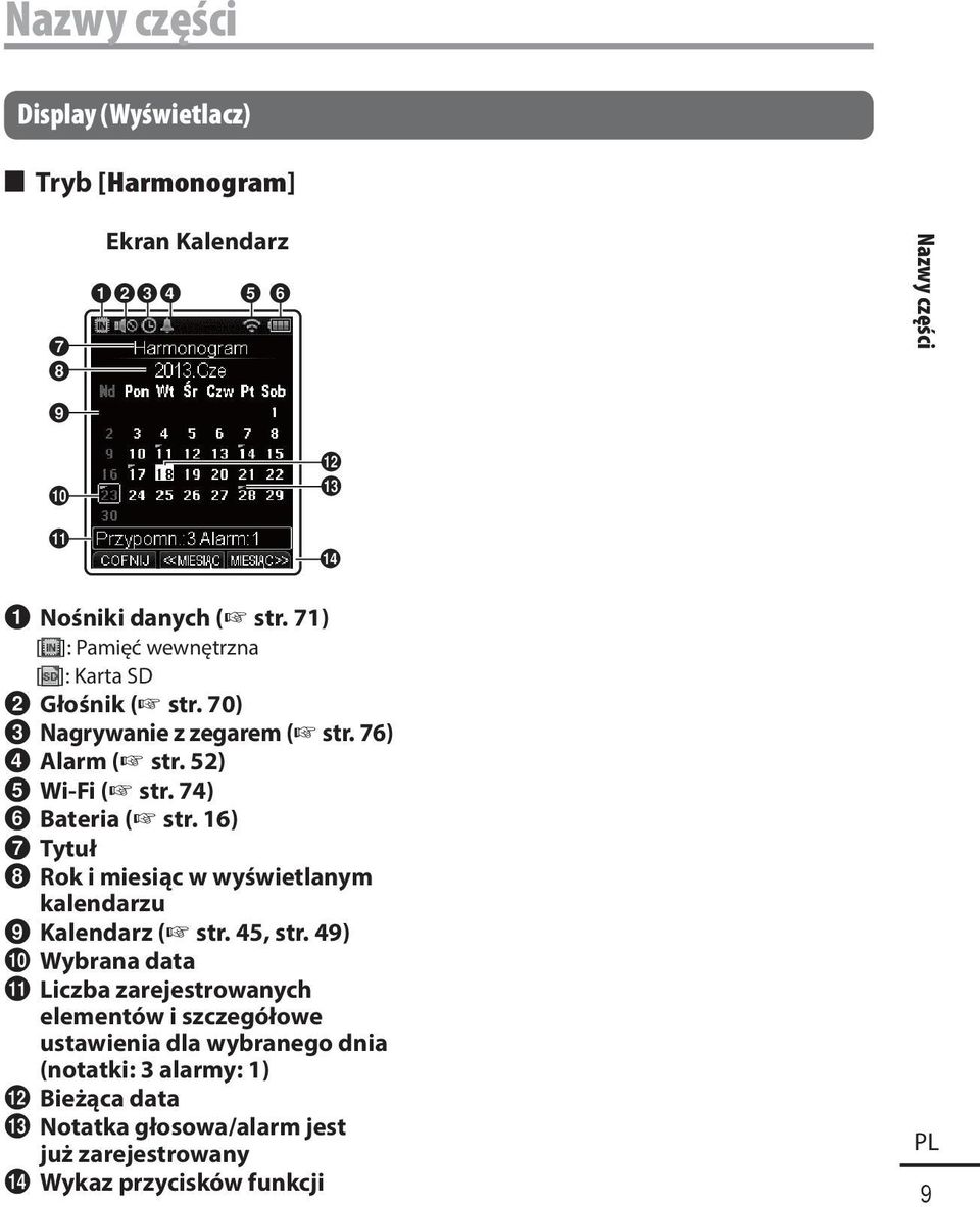 74) 6 Bateria ( str. 16) 7 Tytuł 8 Rok i miesiąc w wyświetlanym kalendarzu 9 Kalendarz ( str. 45, str. 49) 0 Wybrana data!