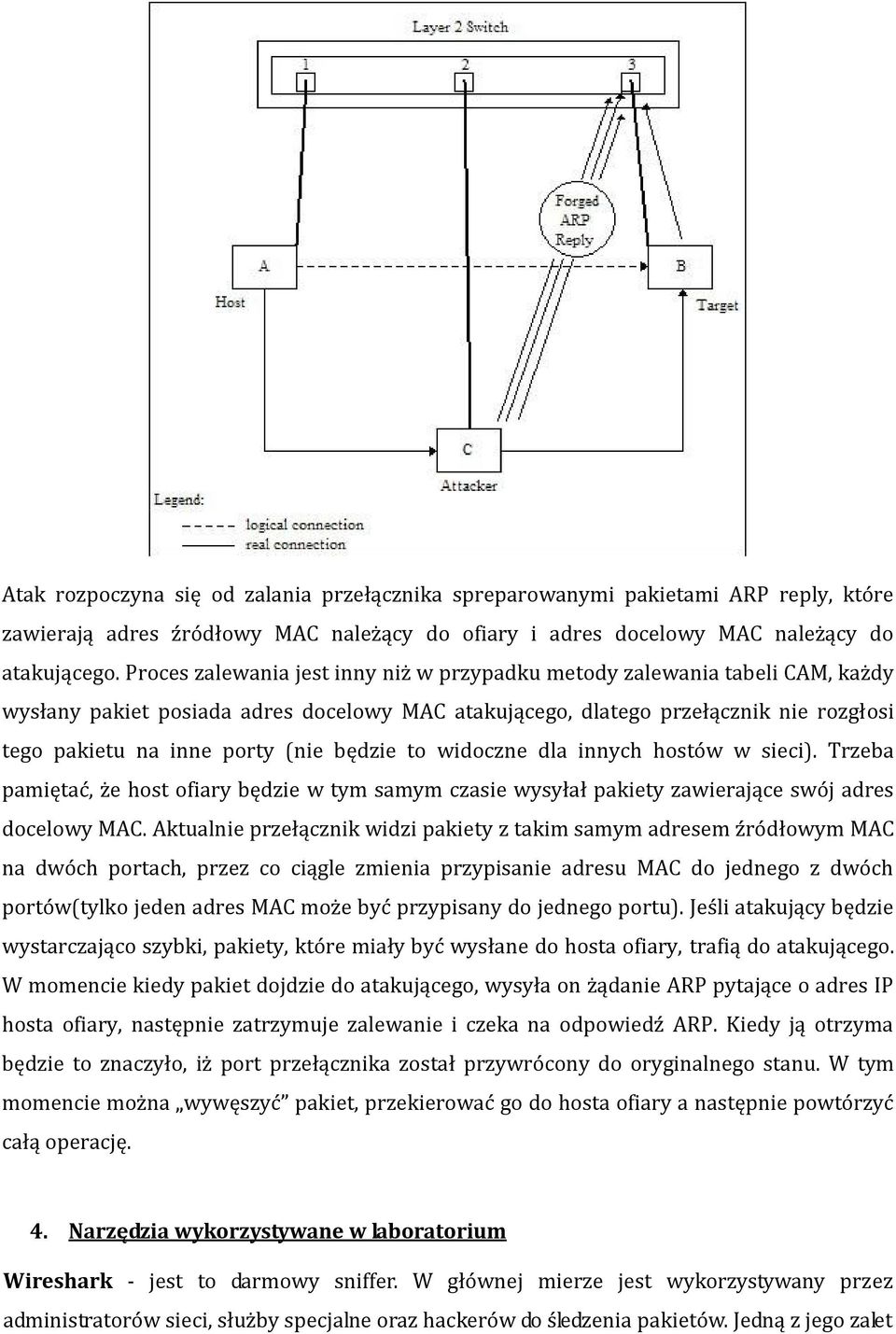 będzie to widoczne dla innych hostów w sieci). Trzeba pamiętać, że host ofiary będzie w tym samym czasie wysyłał pakiety zawierające swój adres docelowy MAC.